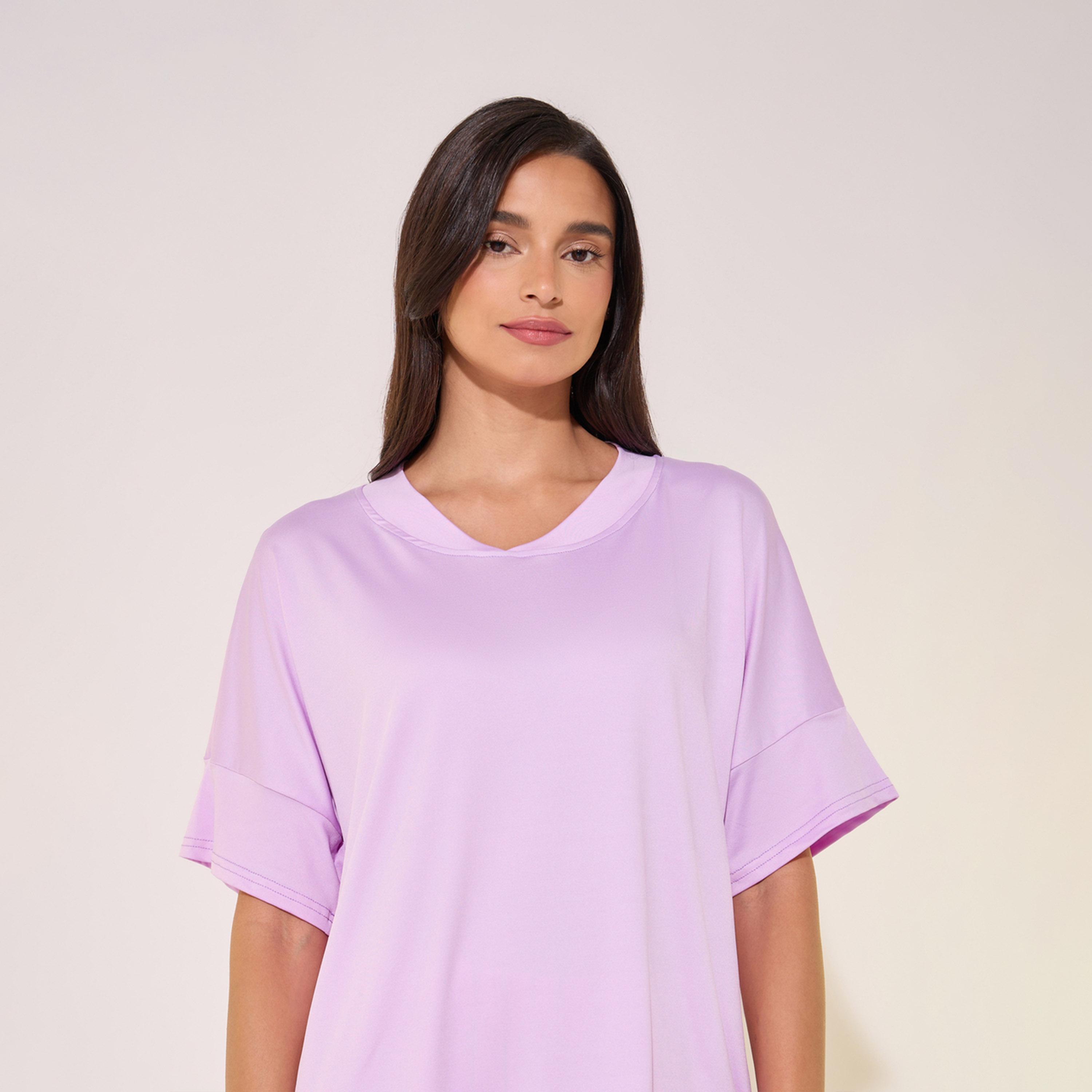 Styli Solid V-Neck T-Shirt and Striped Pyjama Set-women-clothing-nightwear-pyjamas-longsets-image-3