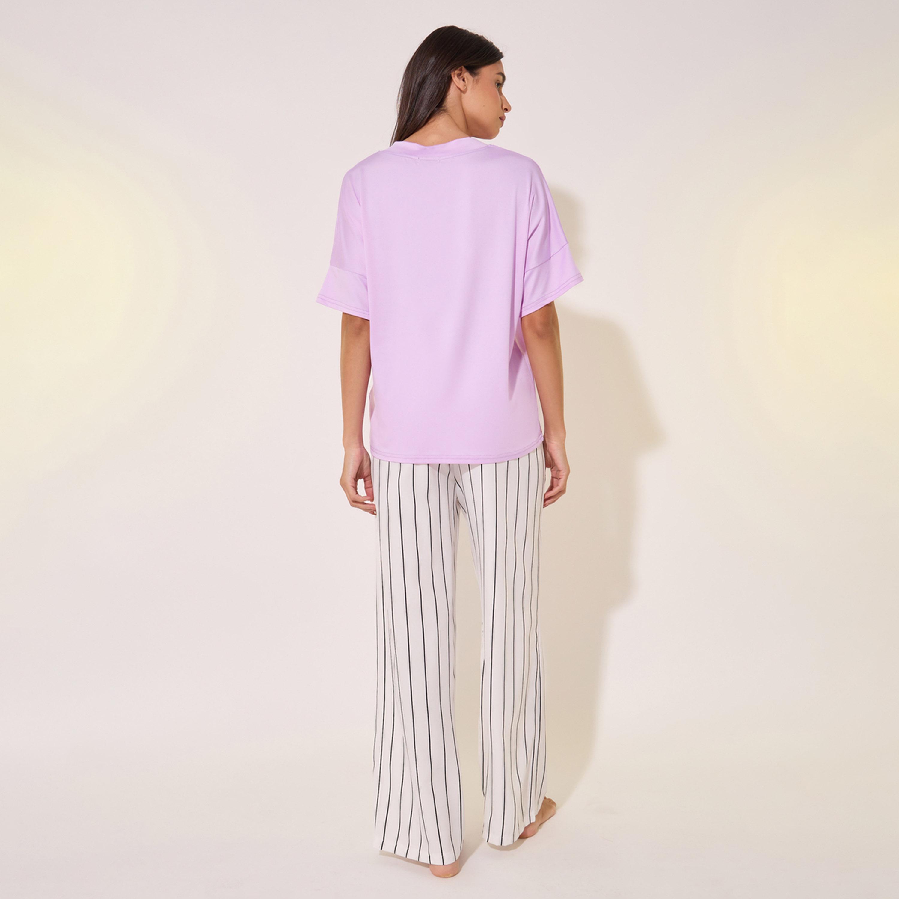 Styli Solid V-Neck T-Shirt and Striped Pyjama Set-women-clothing-nightwear-pyjamas-longsets-image-5