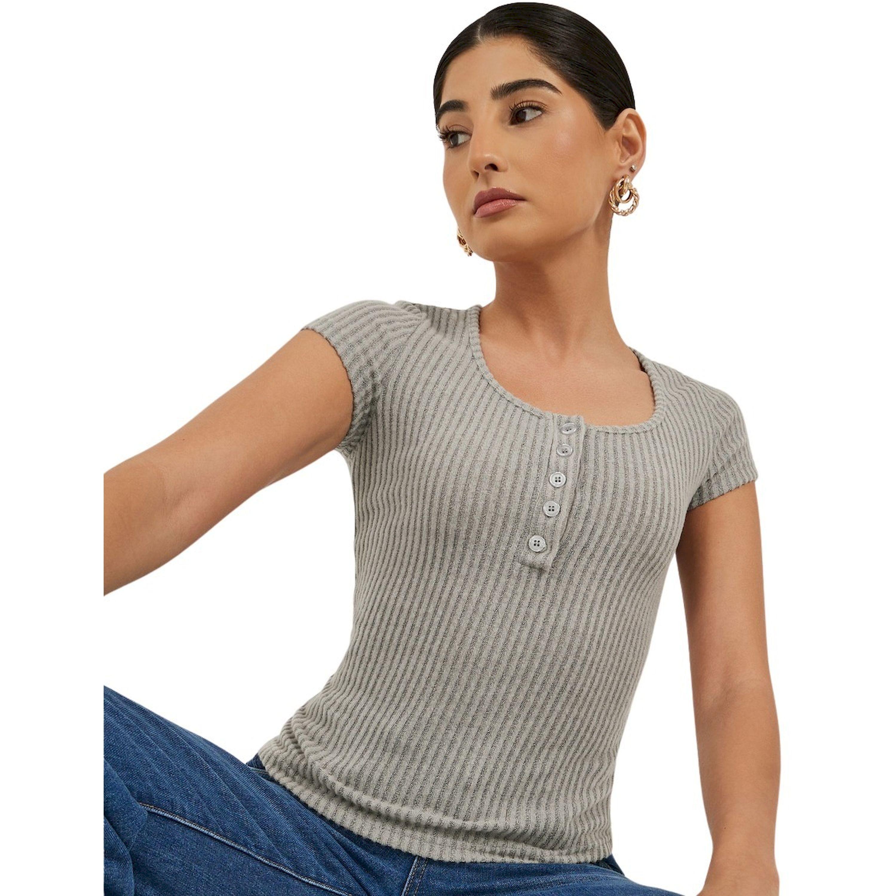 Styli Textured Short Sleeve Ribbed Knit T-Shirt-women-clothing-tshirts-image-1