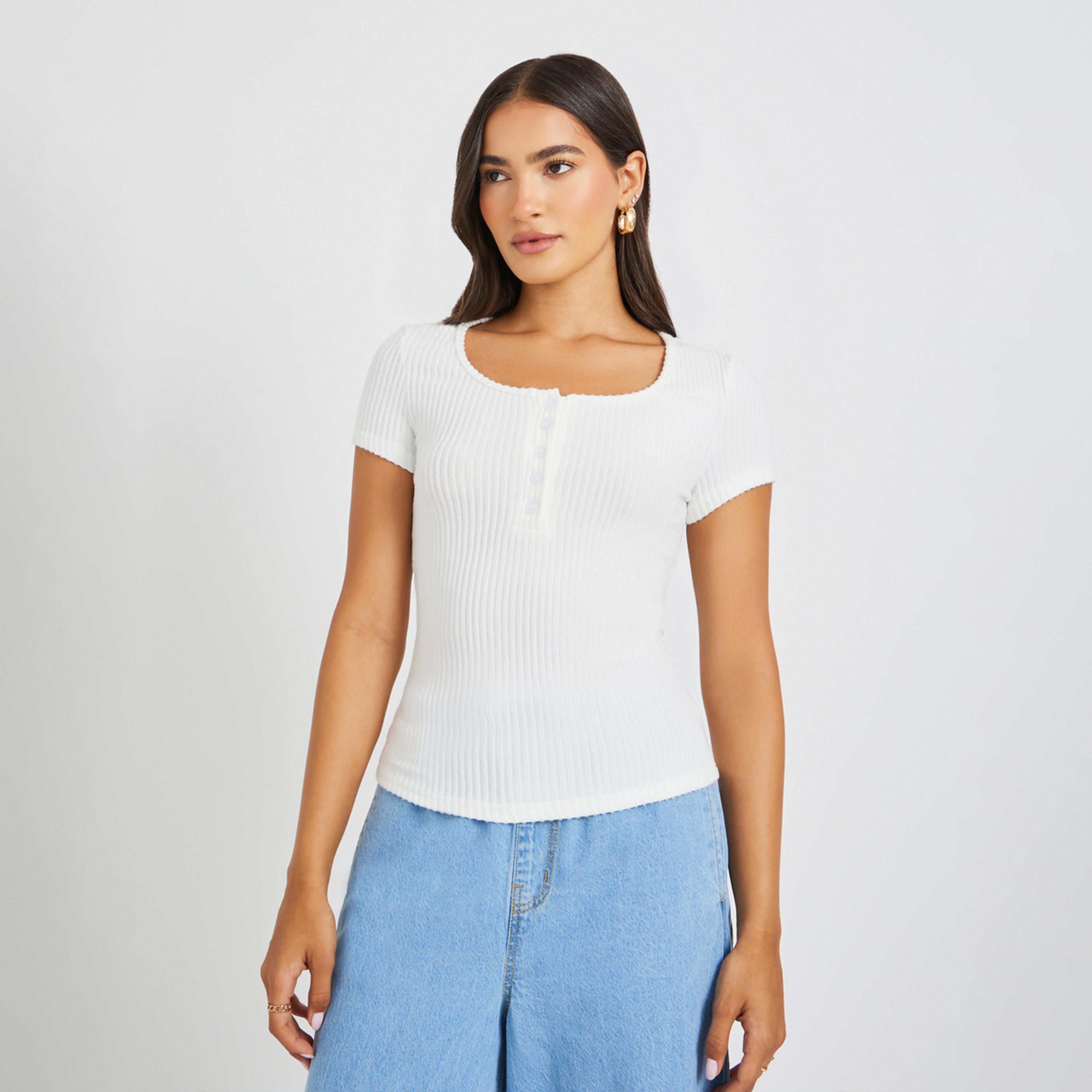 Styli Textured Short Sleeve Ribbed Knit T-Shirt-women-clothing-tshirts-image-1
