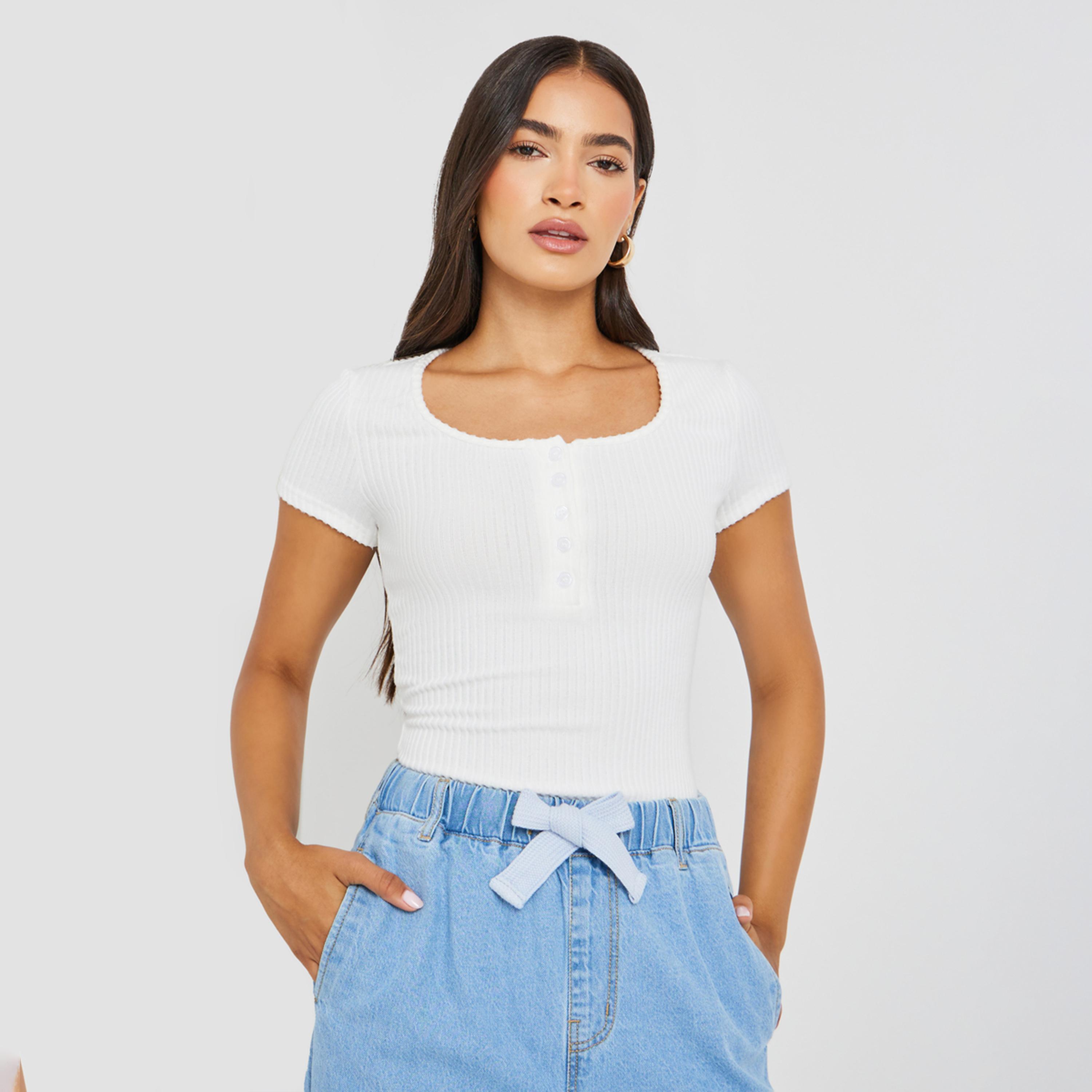Styli Textured Short Sleeve Ribbed Knit T-Shirt-women-clothing-tshirts-image-3
