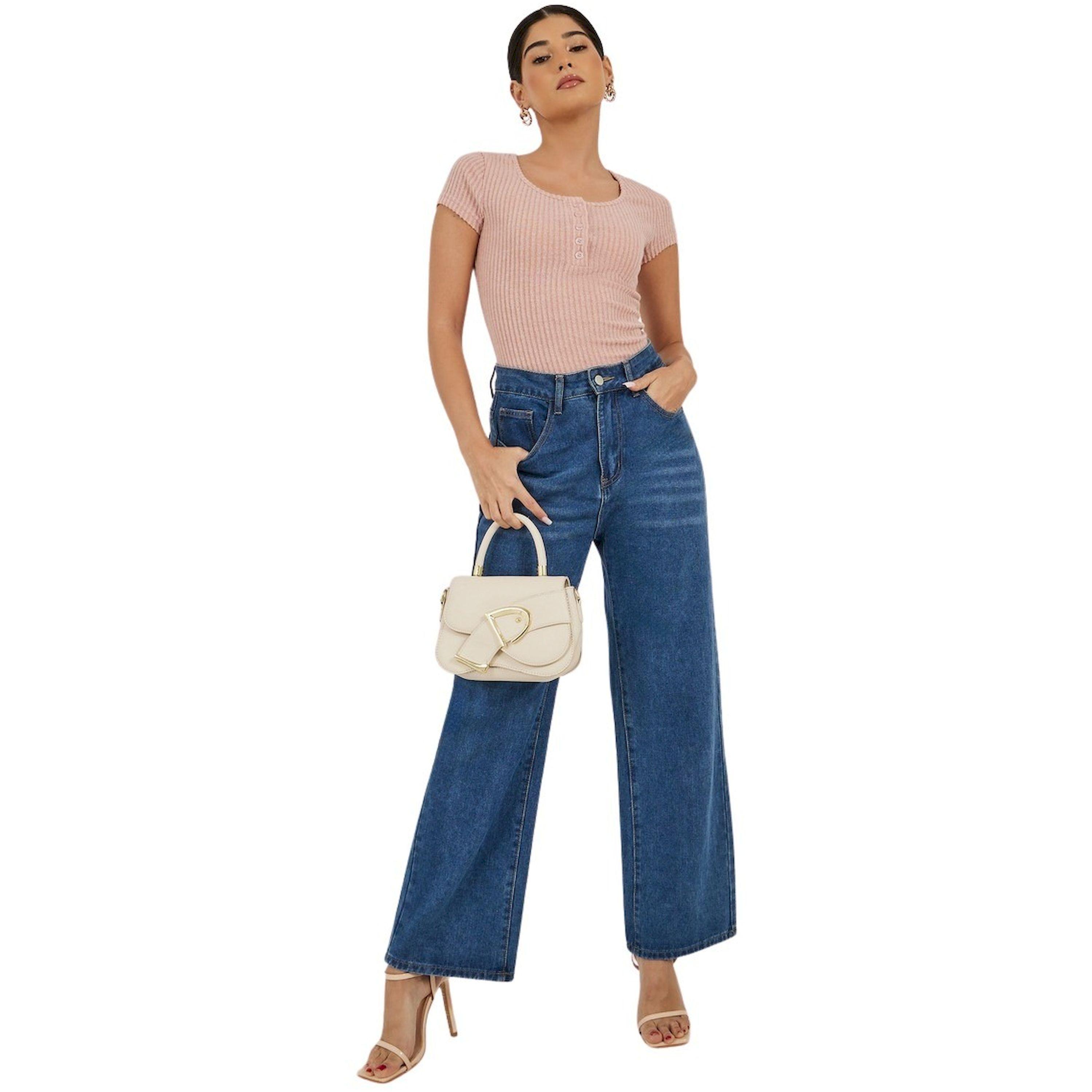 ستايلي -  تي شيرت محبوك بأكمام قصيرة ومضلع-women-clothing-tshirts-image-2