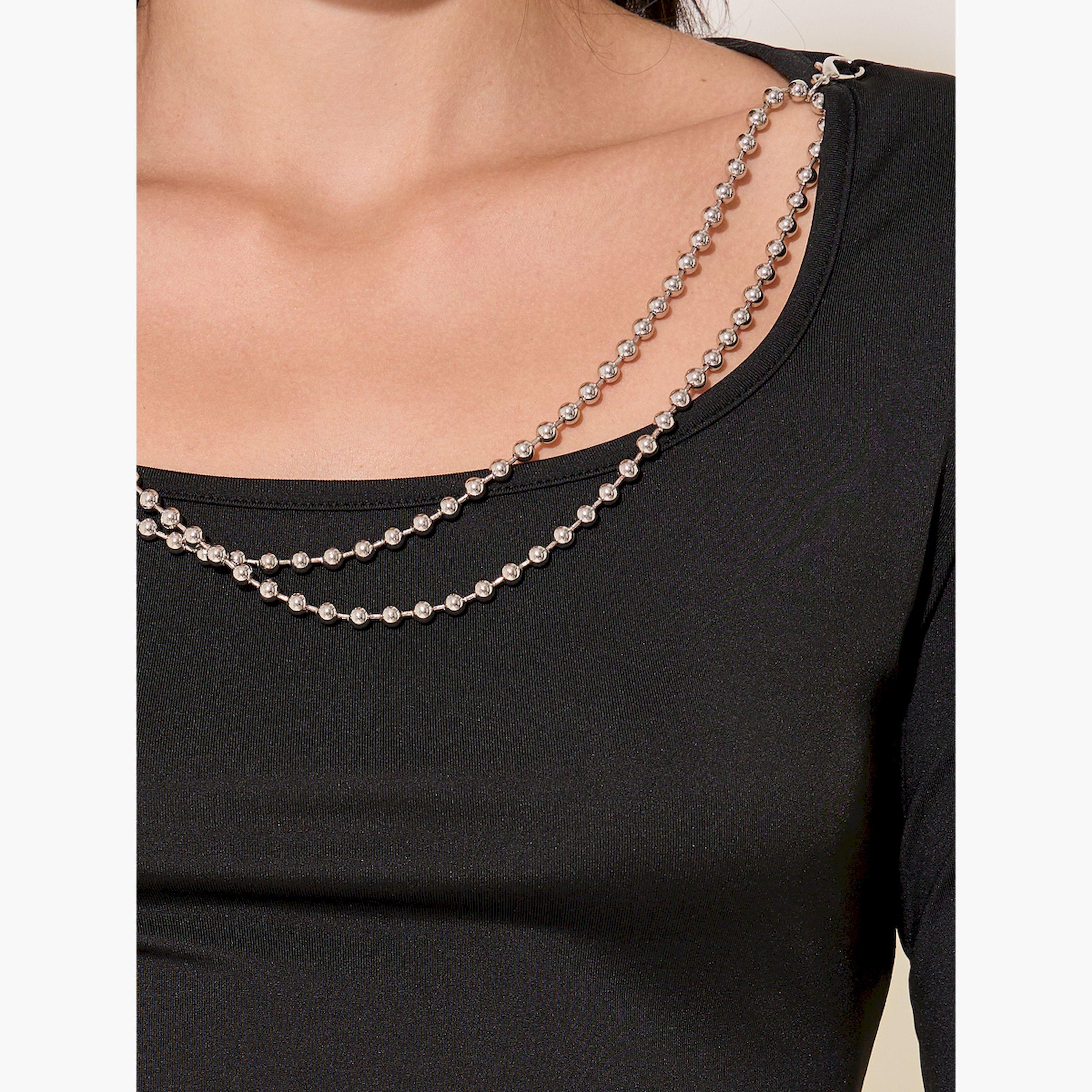 Styli Solid Square Neckline Chain Detail A-Line Midi Dress-women-clothing-dresses-image-4