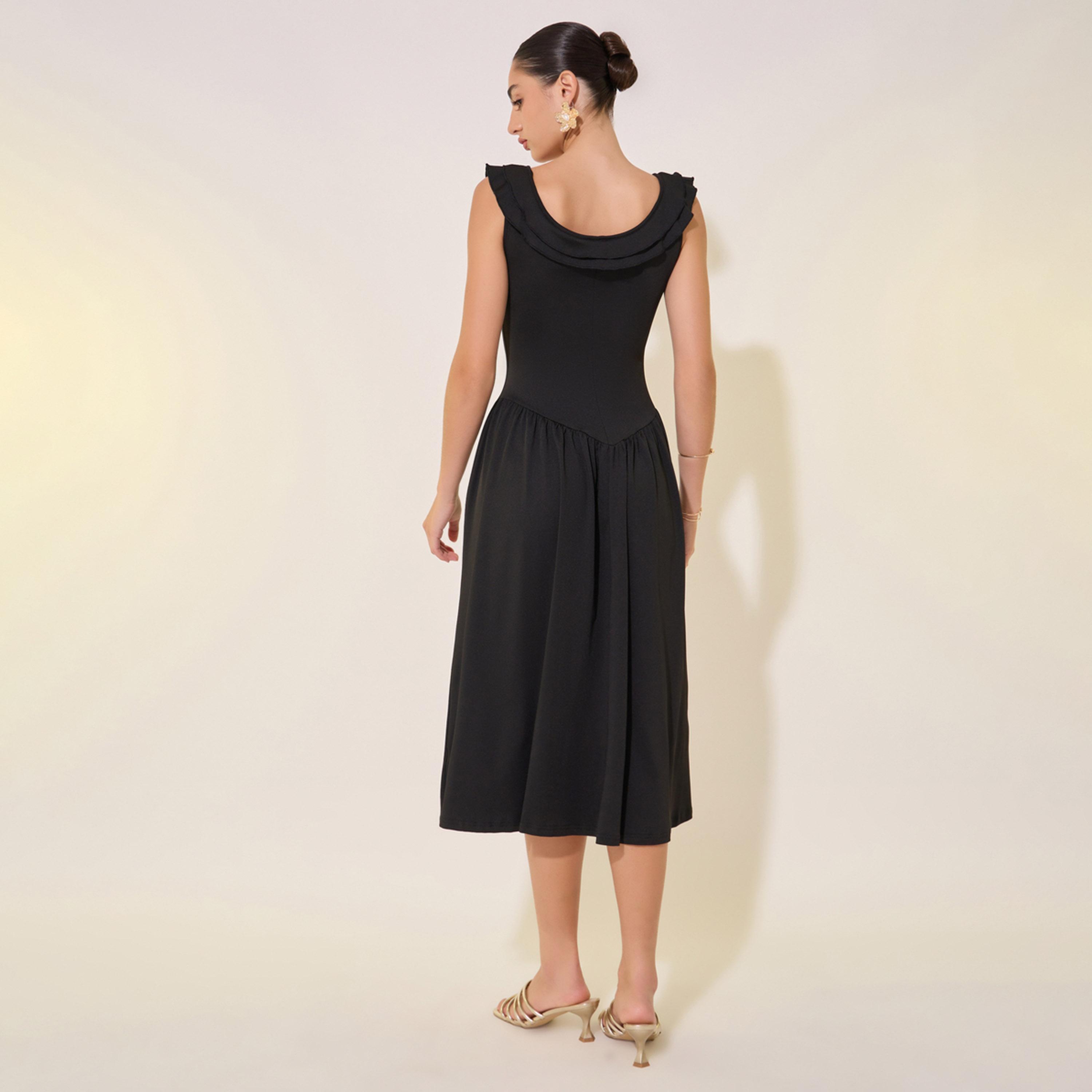 ستايلي - فستان سادة متوسط الطول بدون أكمام بتفاصيل مجمعة-women-clothing-dresses-image-5