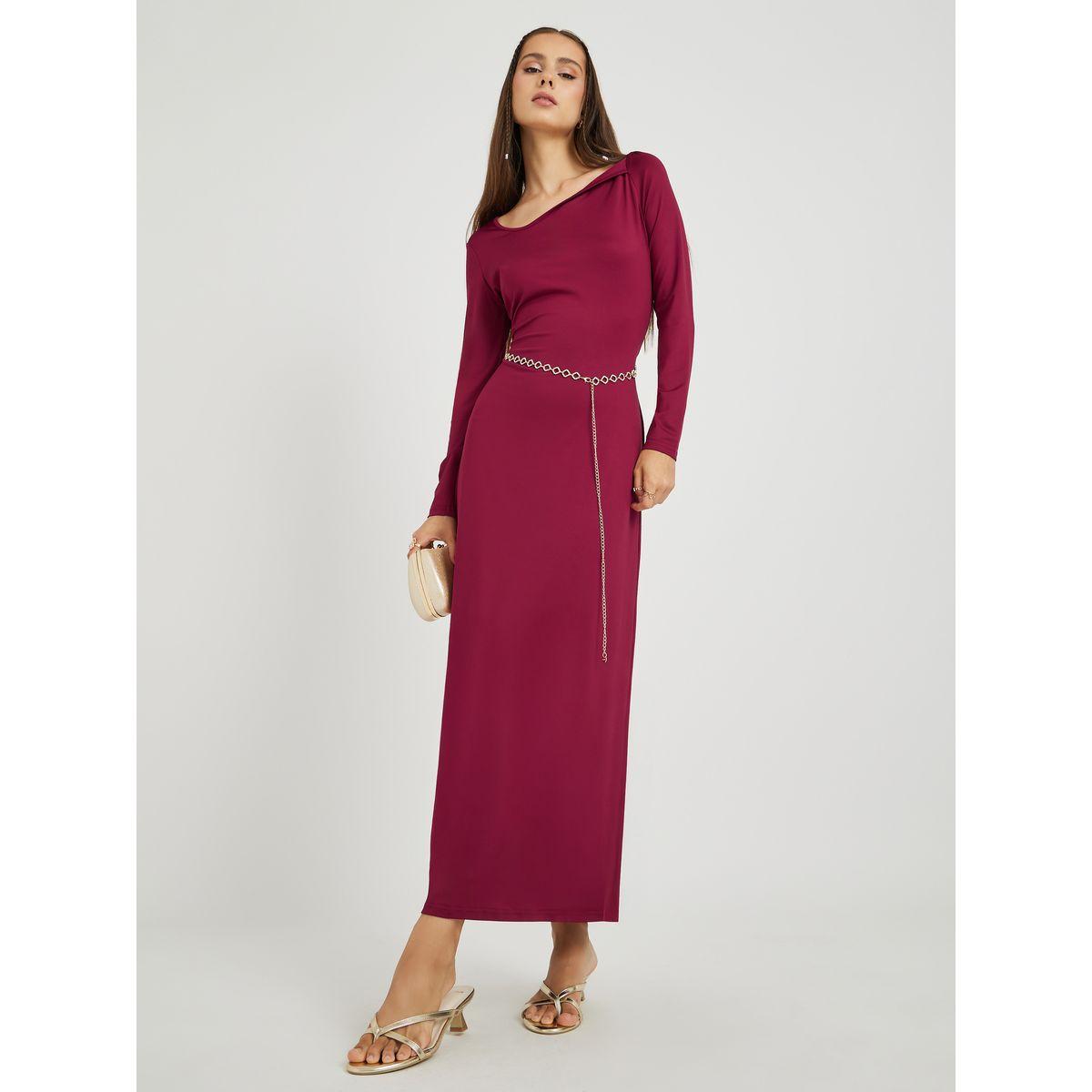 Styli Solid Asymmetric Neck Sheath Midi Dress with Waist Chain-women-clothing-dresses-image-1