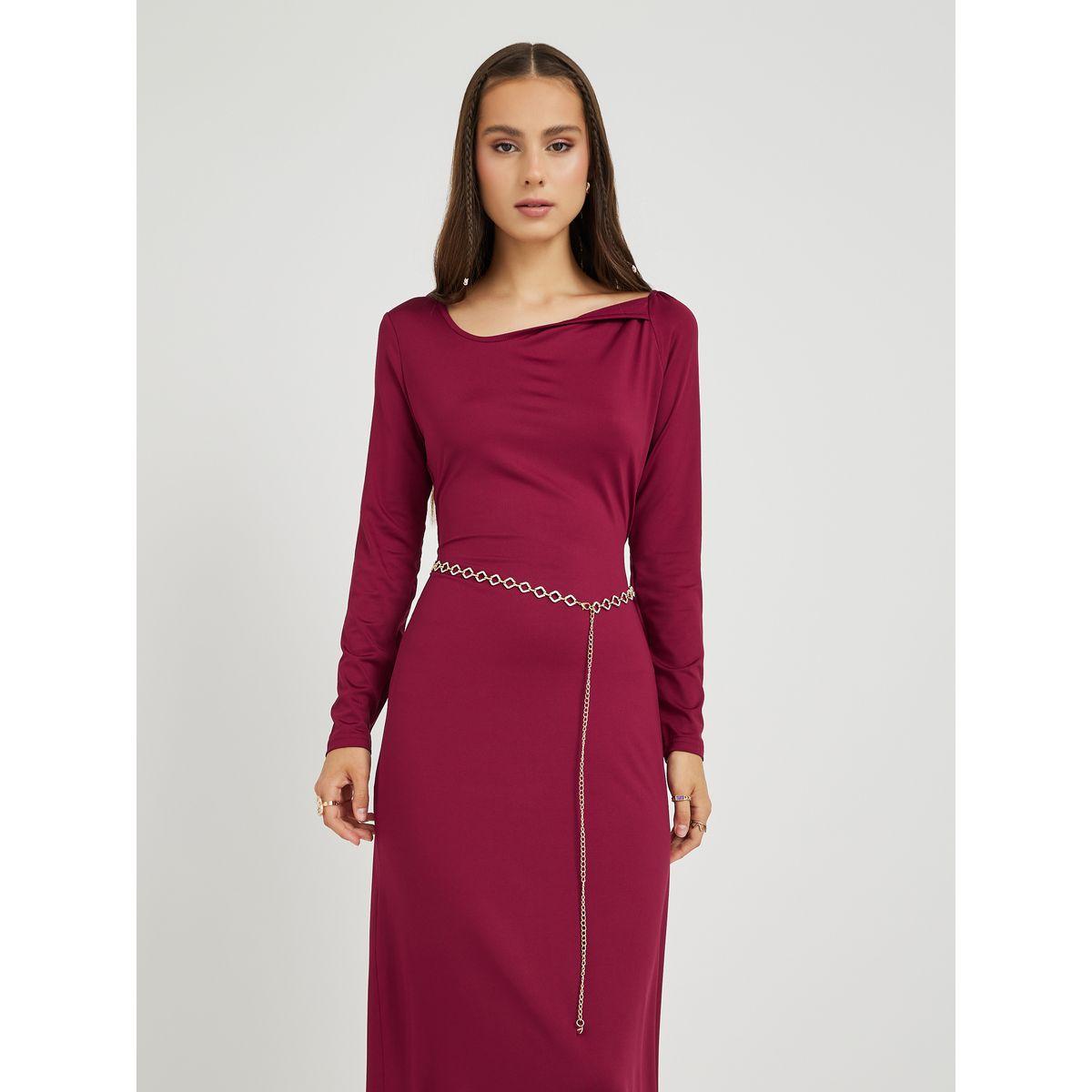 Styli Solid Asymmetric Neck Sheath Midi Dress with Waist Chain-women-clothing-dresses-image-2