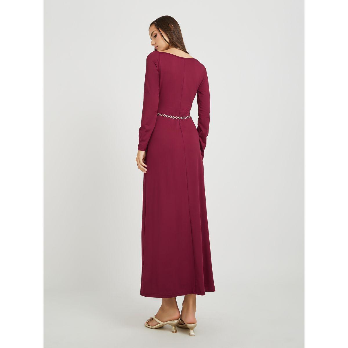 فستان ميدي سادة بياقة غير متماثلة الطول مع سلسلة خصر-women-clothing-dresses-image-4