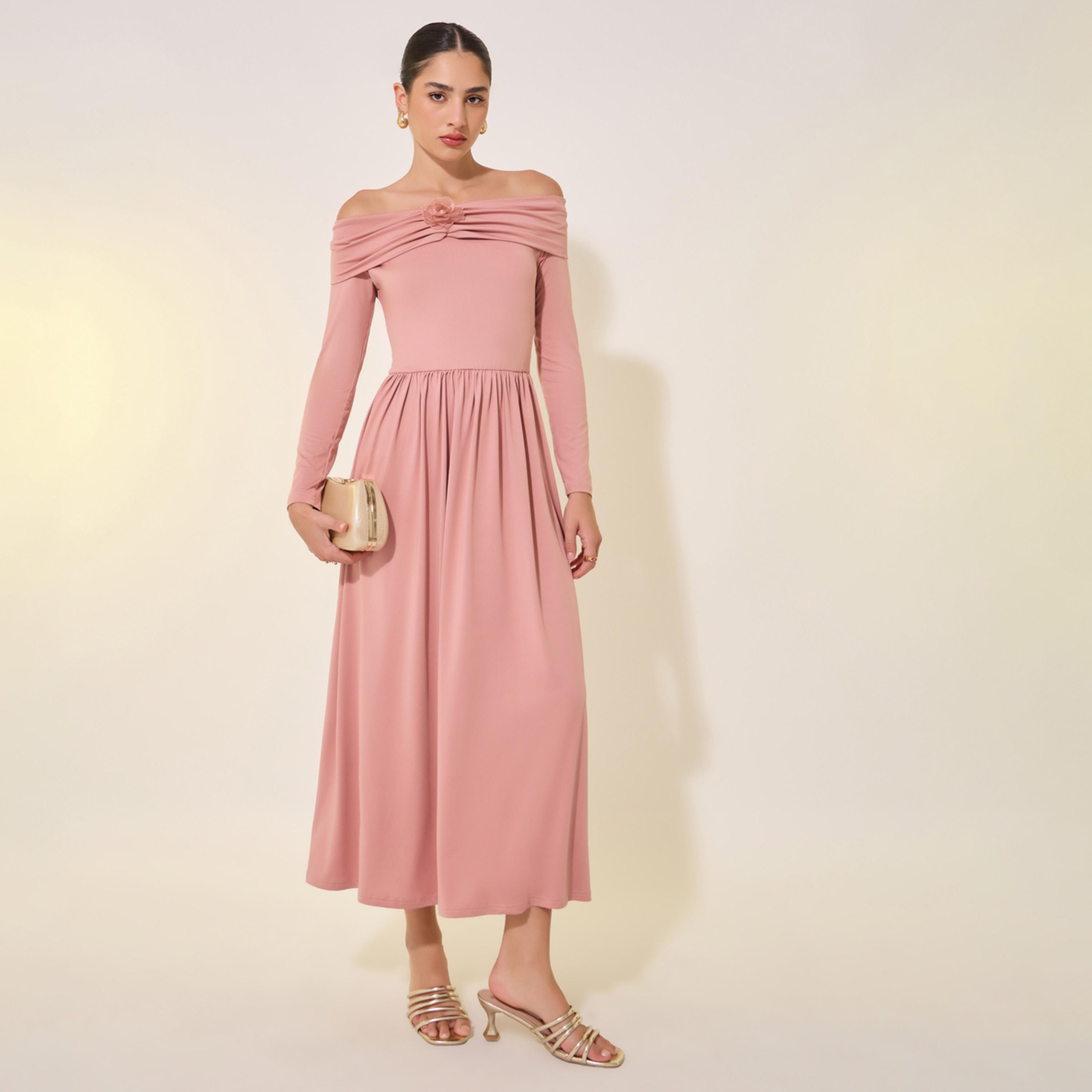 Styli Solid Off Shoulder Gathered Detail Midi Dress-women-clothing-dresses-image-1