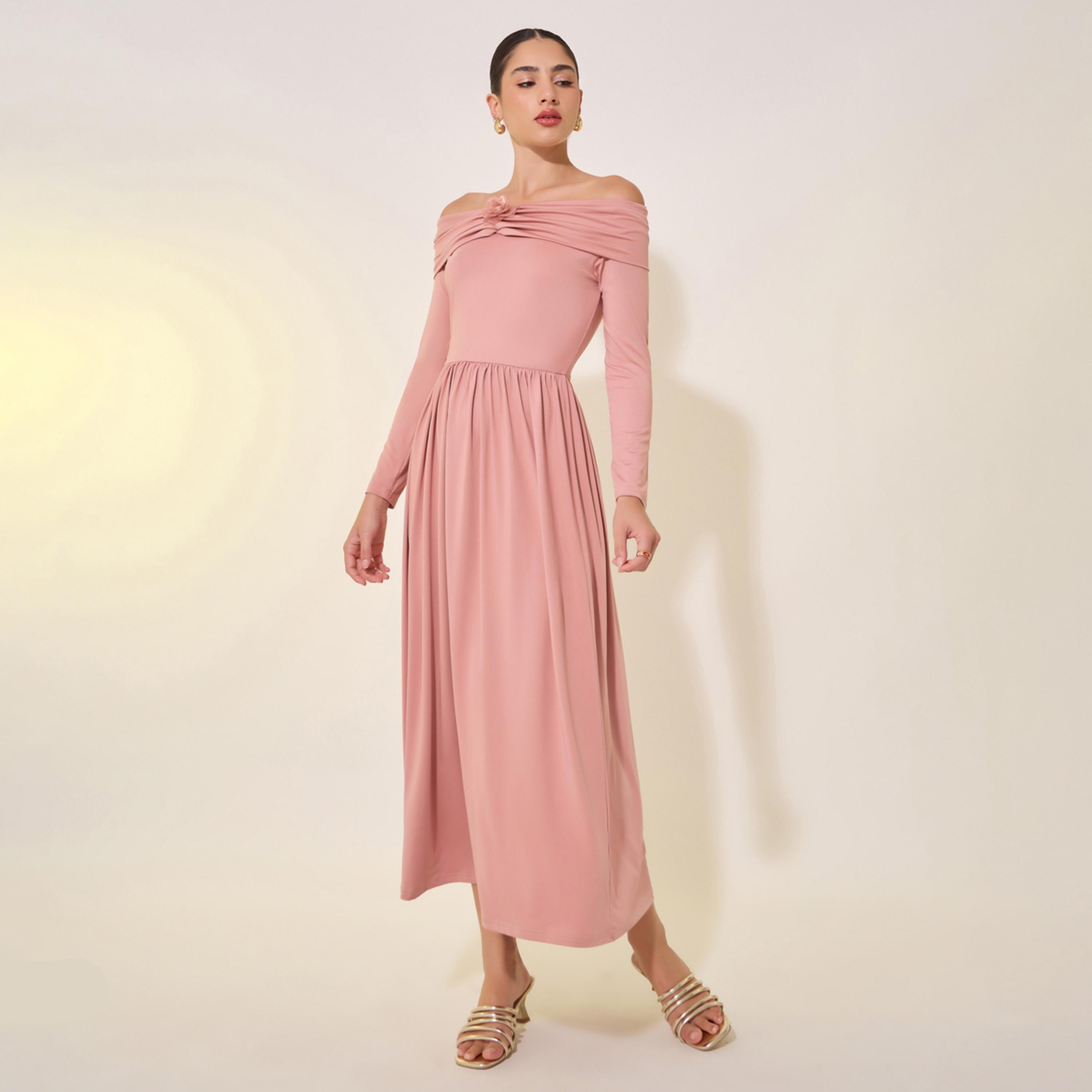 Styli Solid Off Shoulder Gathered Detail Midi Dress-women-clothing-dresses-image-2