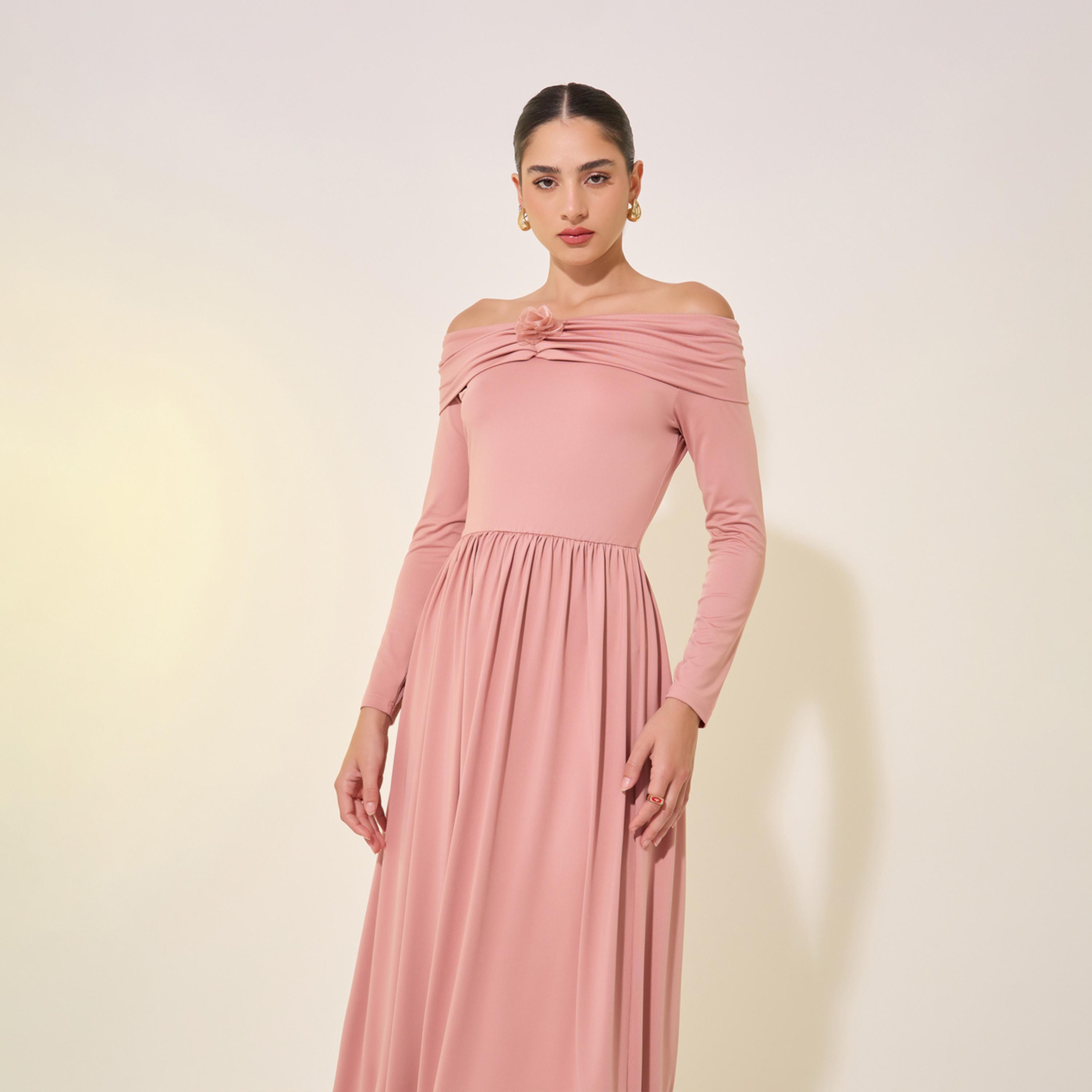 Styli Solid Off Shoulder Gathered Detail Midi Dress-women-clothing-dresses-image-3
