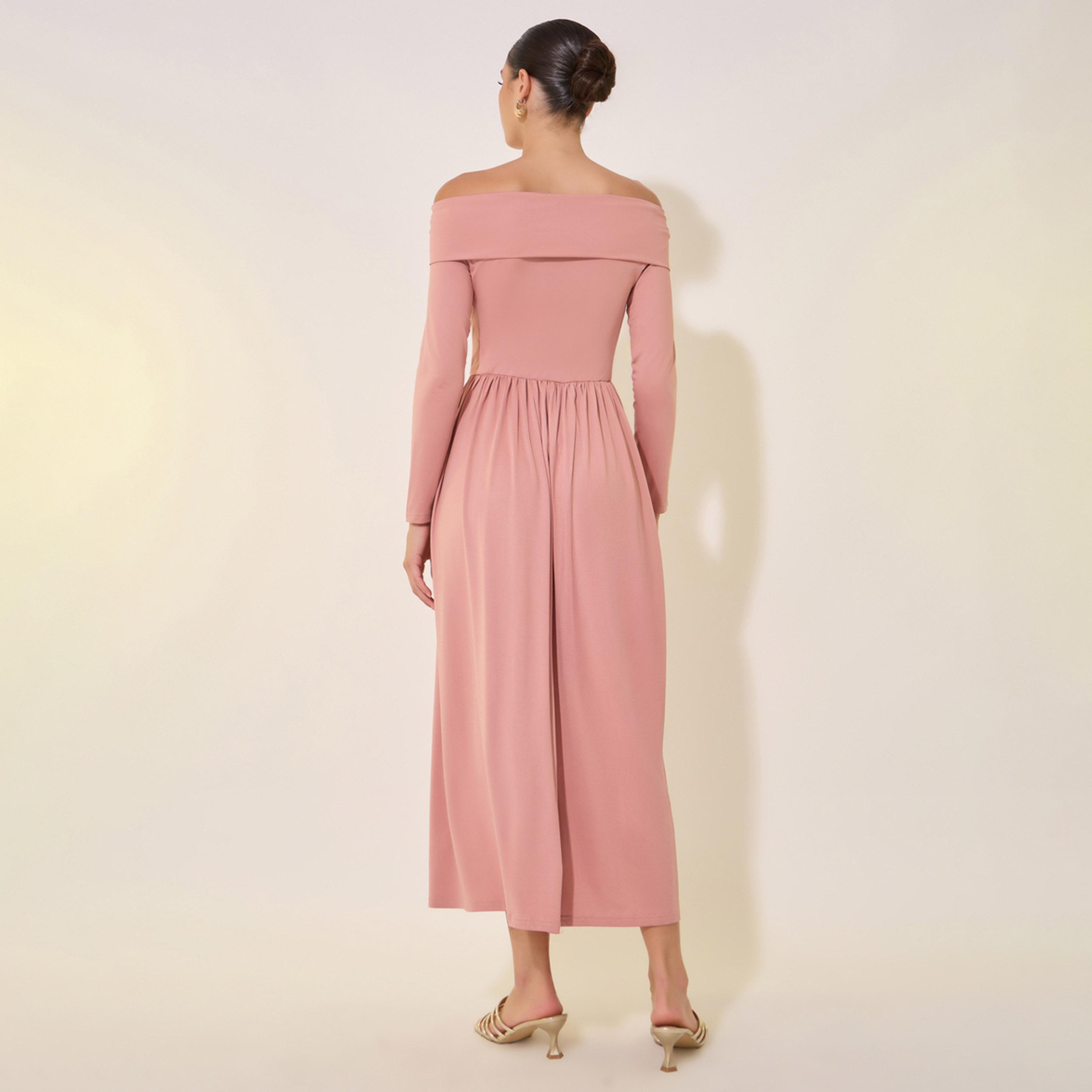ستايلي - فستان سادة متوسط الطول مكشوف الكتفين بتفاصيل مجمعة-women-clothing-dresses-image-5