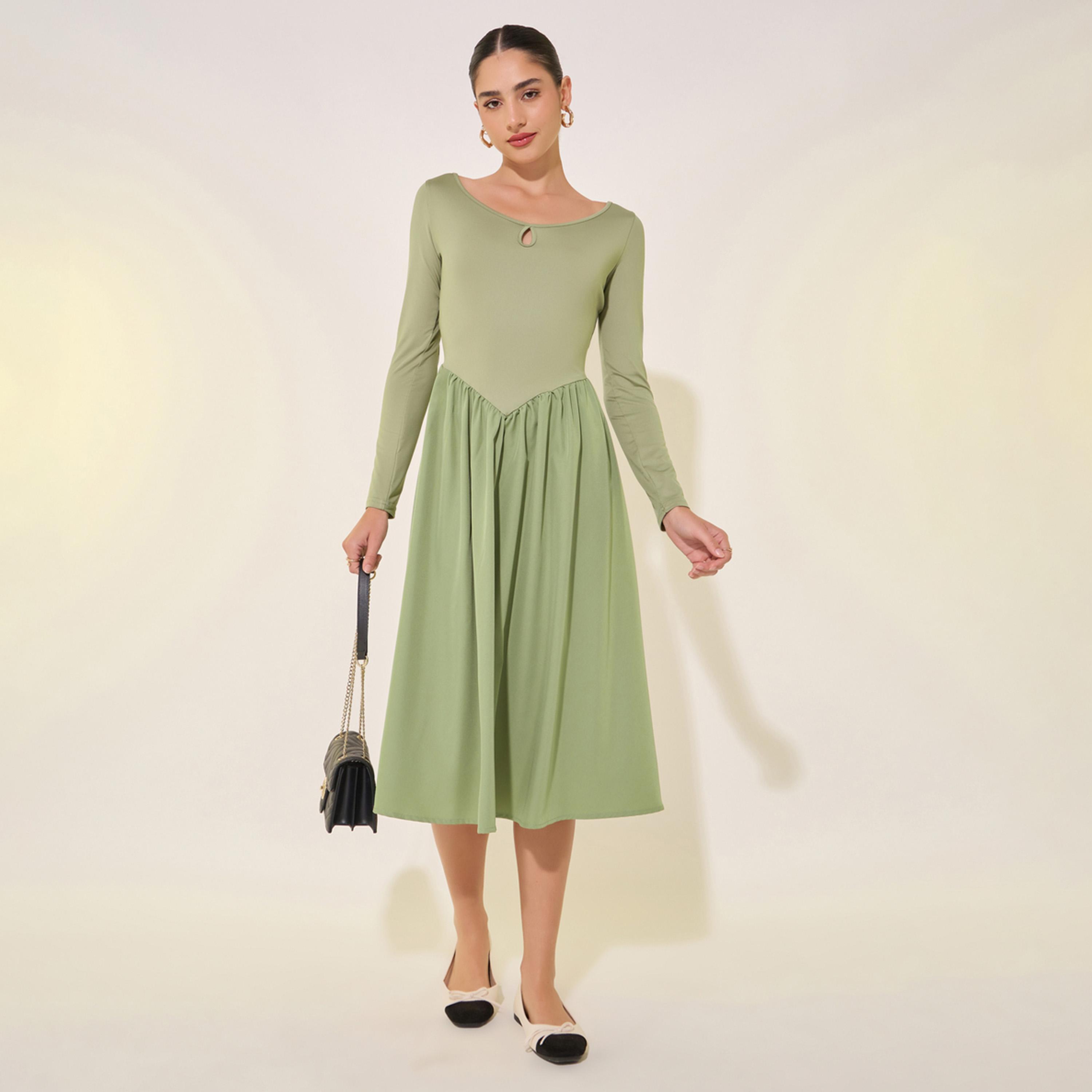 فستان ميدي سادة بأكمام طويلة-women-clothing-dresses-image-1