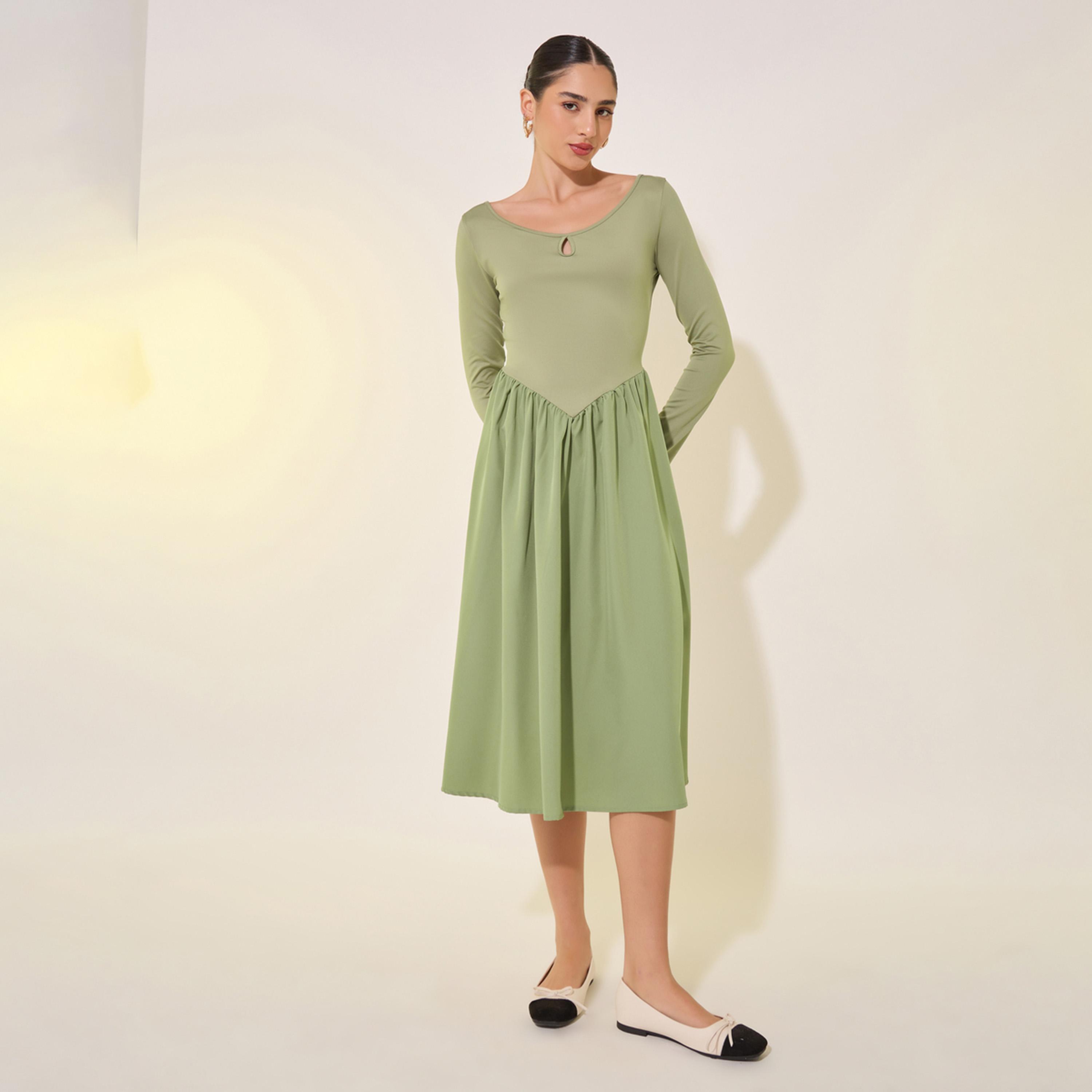 فستان ميدي سادة بأكمام طويلة-women-clothing-dresses-image-2