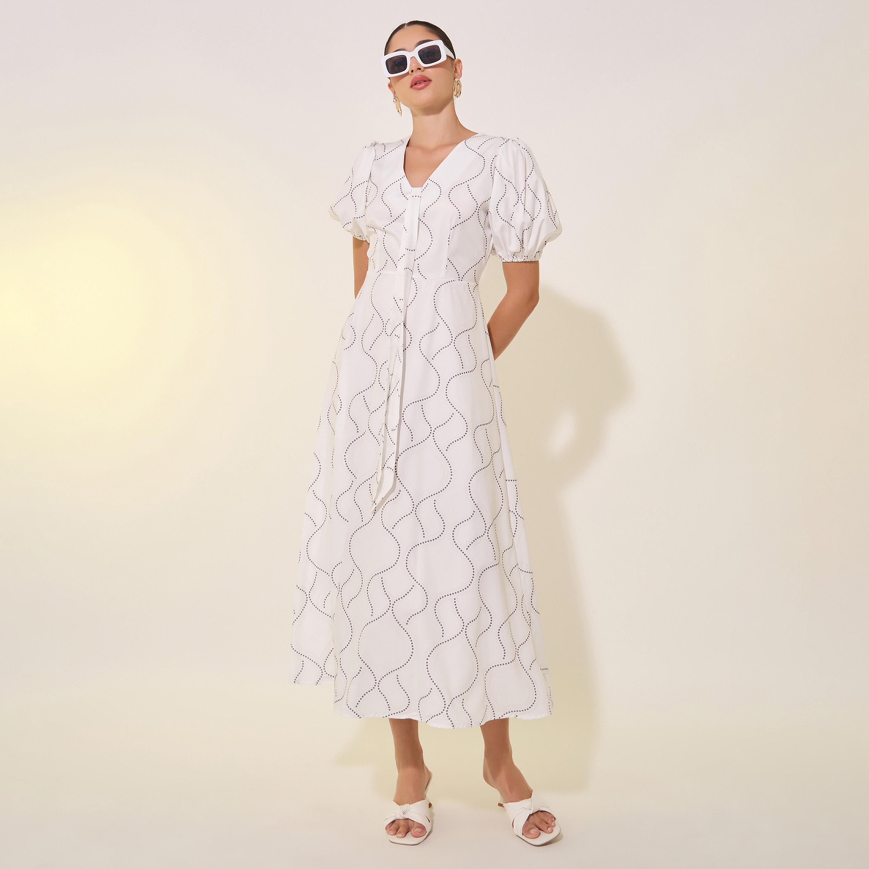 فستان ميدي مطبع بالكامل مع أكمام منفوخة-women-clothing-dresses-image-1