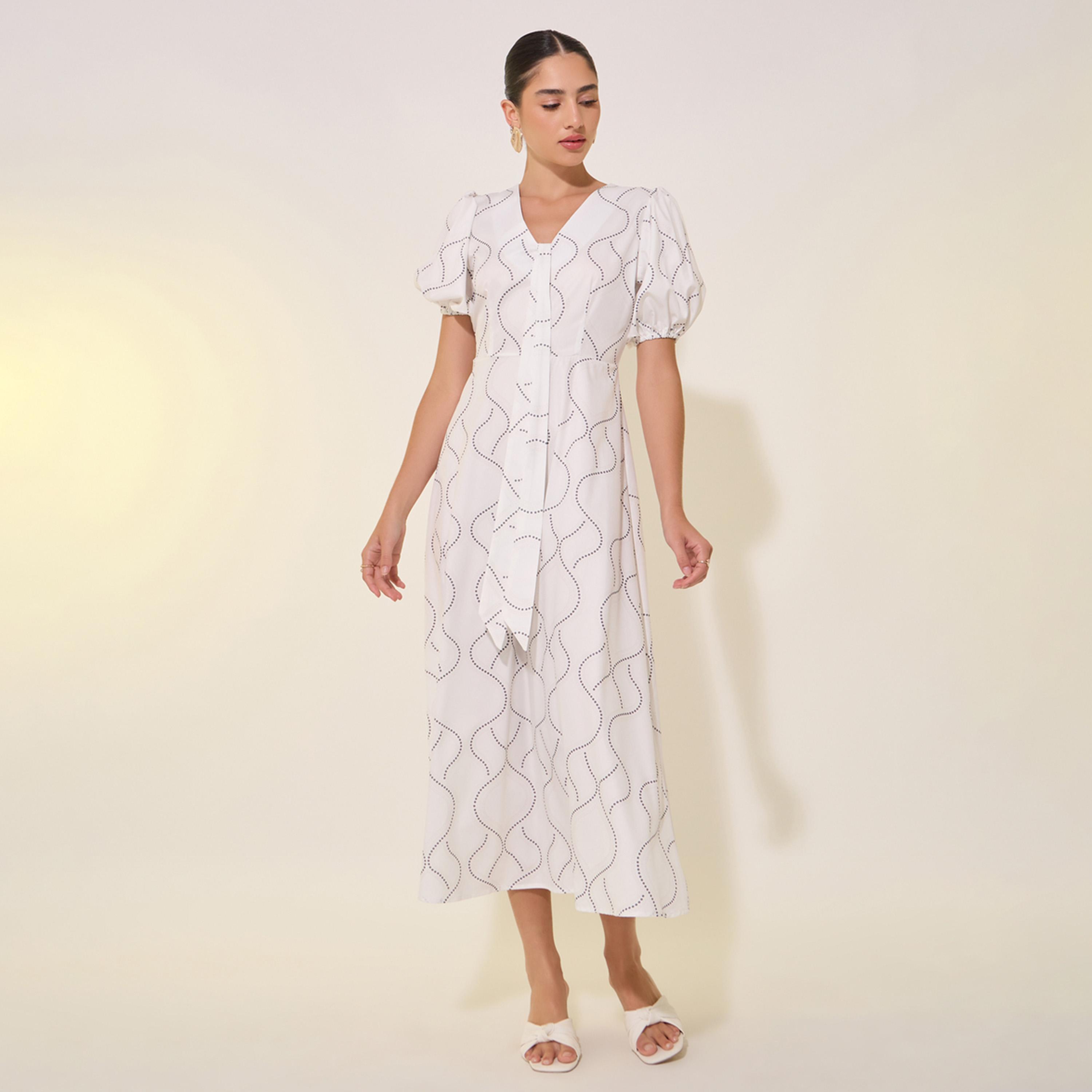فستان ميدي مطبع بالكامل مع أكمام منفوخة-women-clothing-dresses-image-2