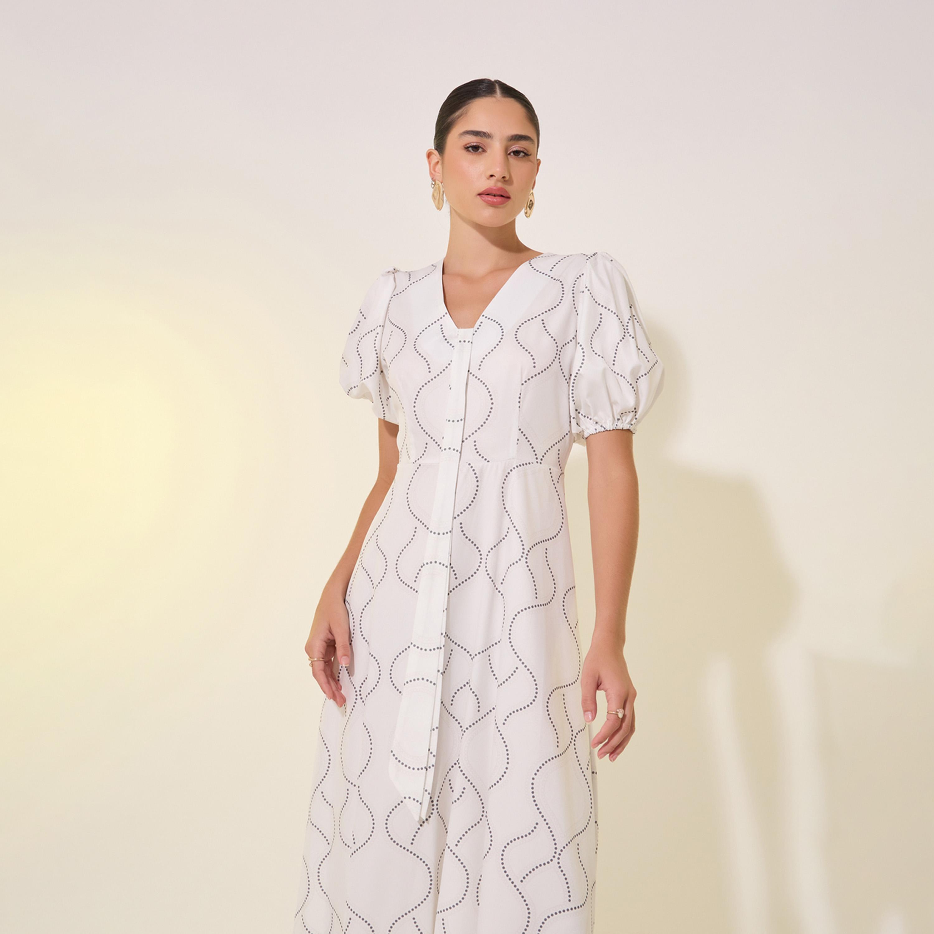 فستان ميدي مطبع بالكامل مع أكمام منفوخة-women-clothing-dresses-image-3