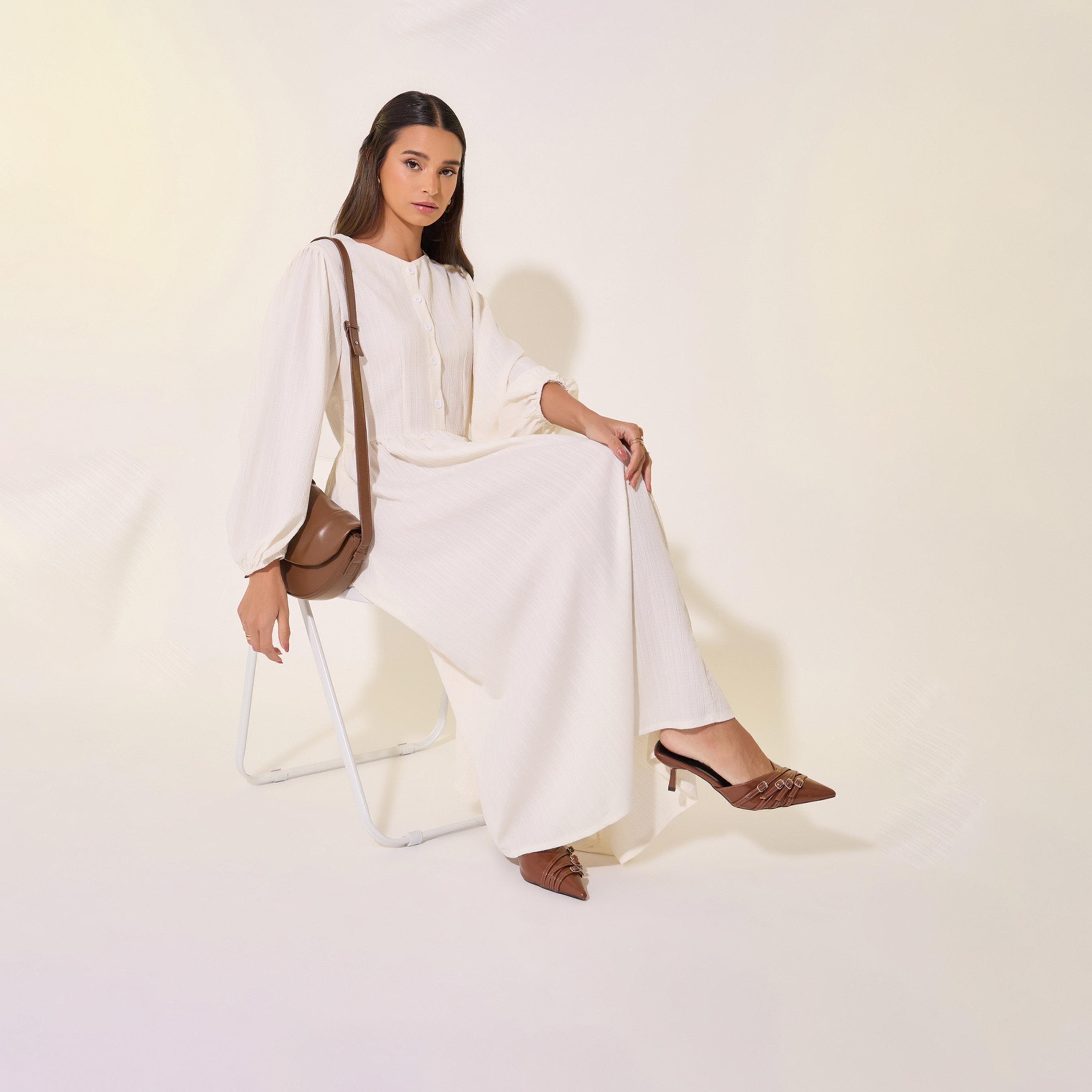 فستان ميدي سادة بأكمام بالون مع تفاصيل أزرار-women-clothing-dresses-image-1