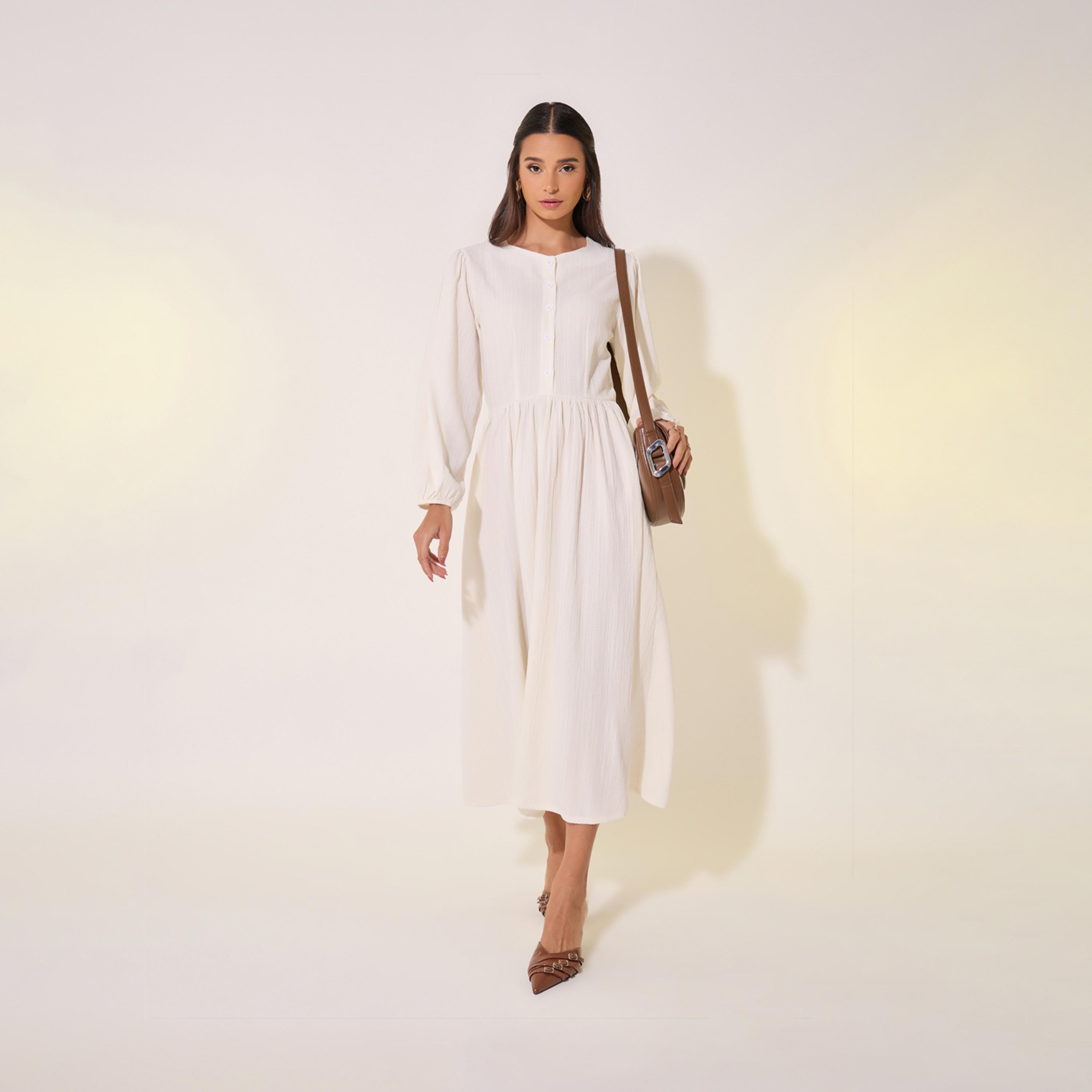 فستان ميدي سادة بأكمام بالون مع تفاصيل أزرار-women-clothing-dresses-image-2