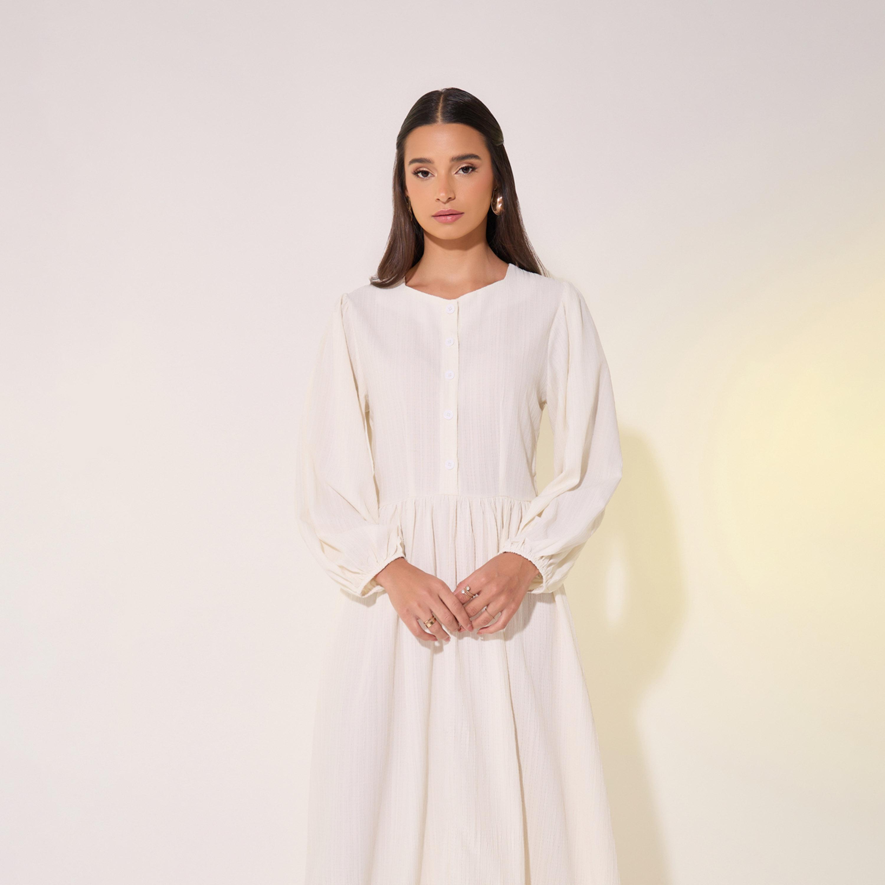 Take Two Solid Balloon Sleeve Midi Dress with Button Detail-women-clothing-dresses-image-3