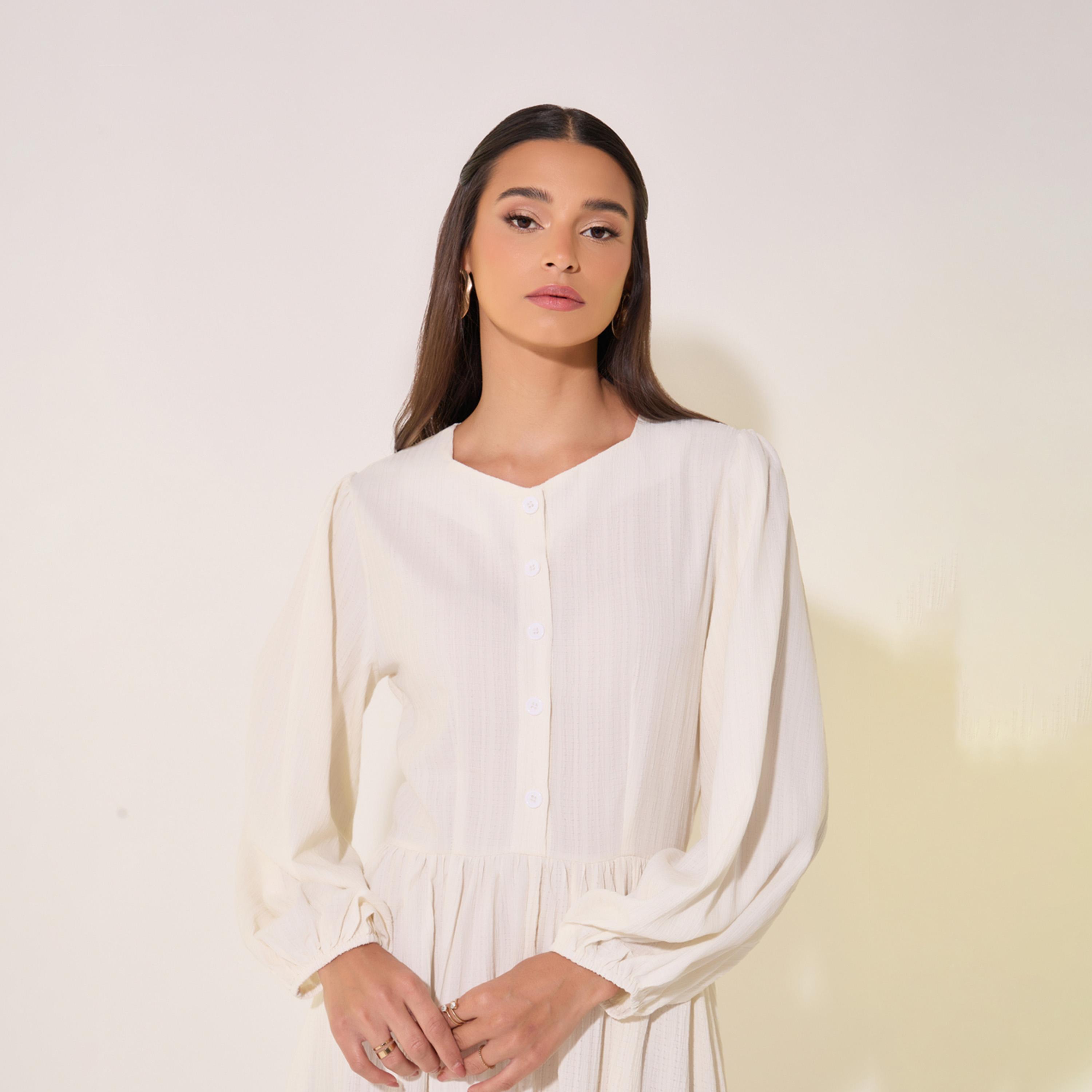 Take Two Solid Balloon Sleeve Midi Dress with Button Detail-women-clothing-dresses-image-4