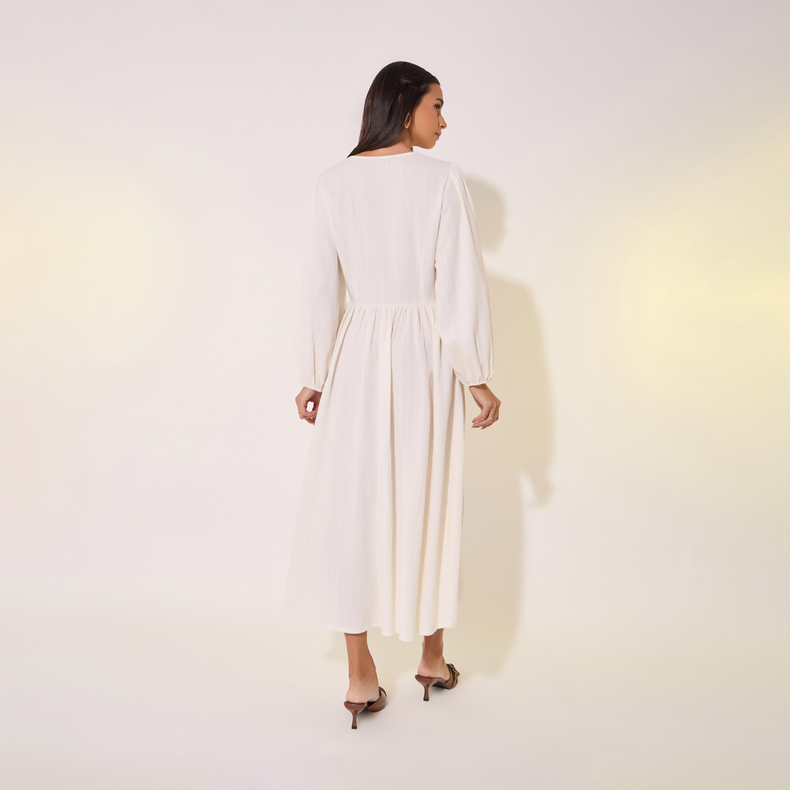 فستان ميدي سادة بأكمام بالون مع تفاصيل أزرار-women-clothing-dresses-image-6