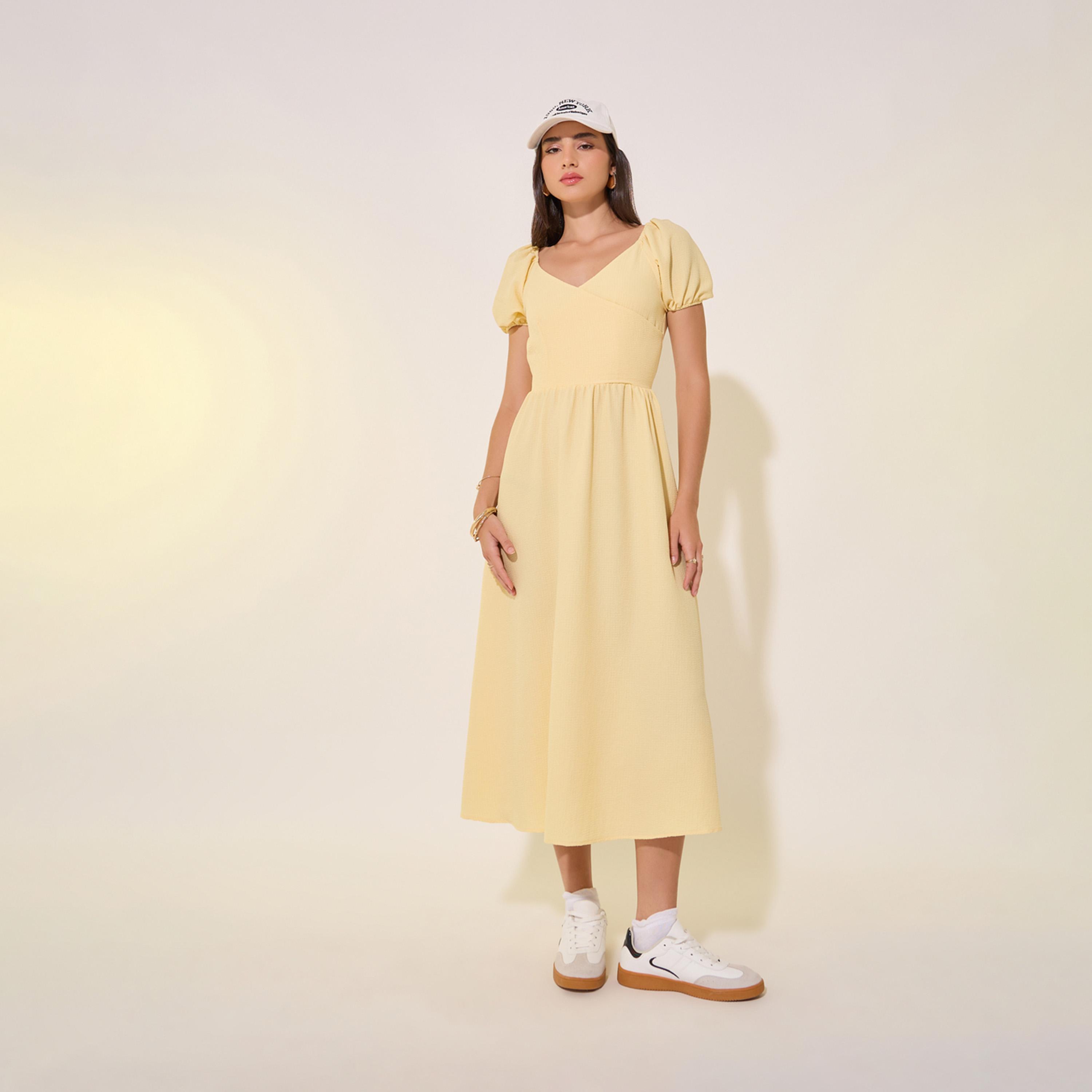Take Two Wrap Front Puff Sleeves Midi Dress-women-clothing-dresses-image-1