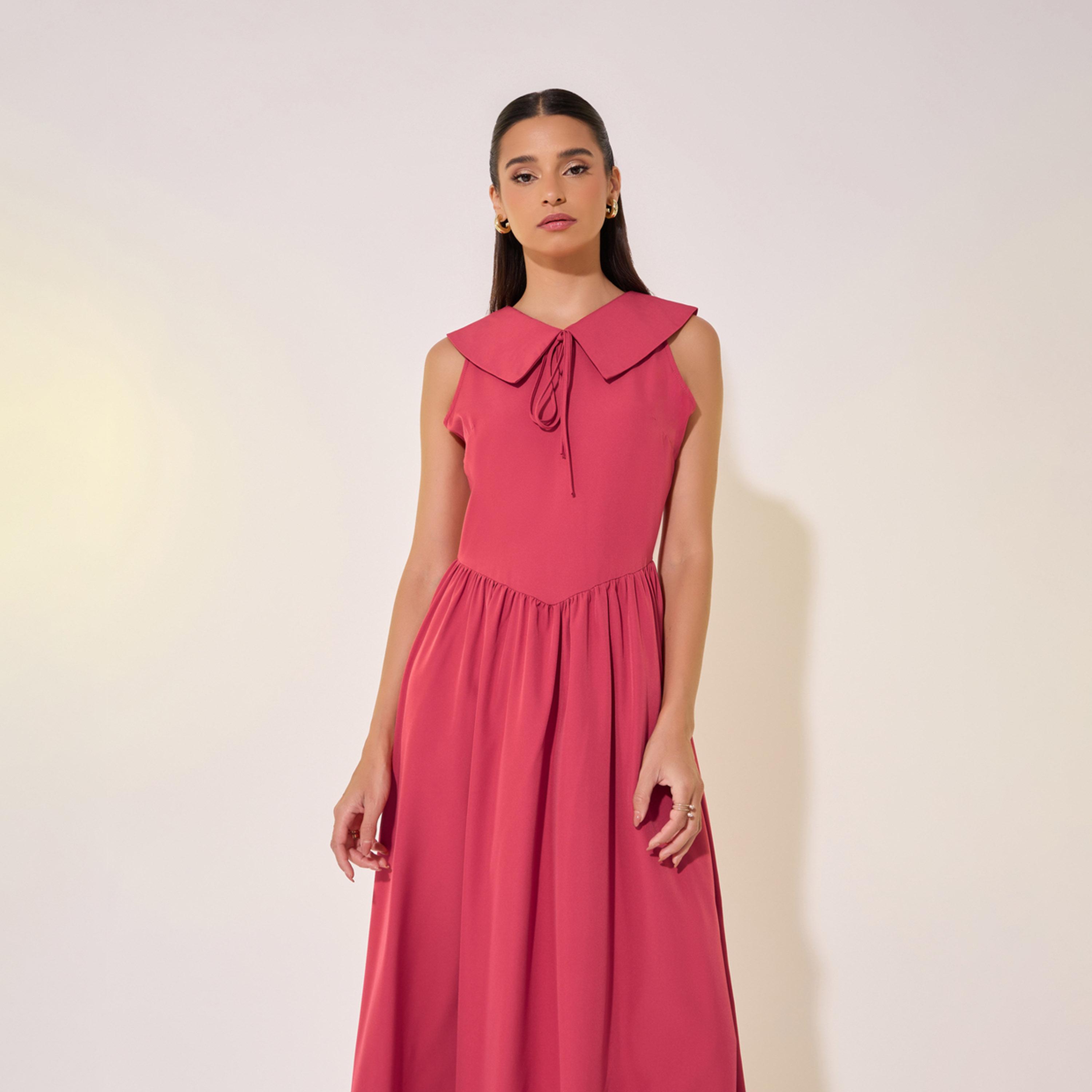 فستان ميدي سادة بياقة بيتر بان-women-clothing-dresses-image-3