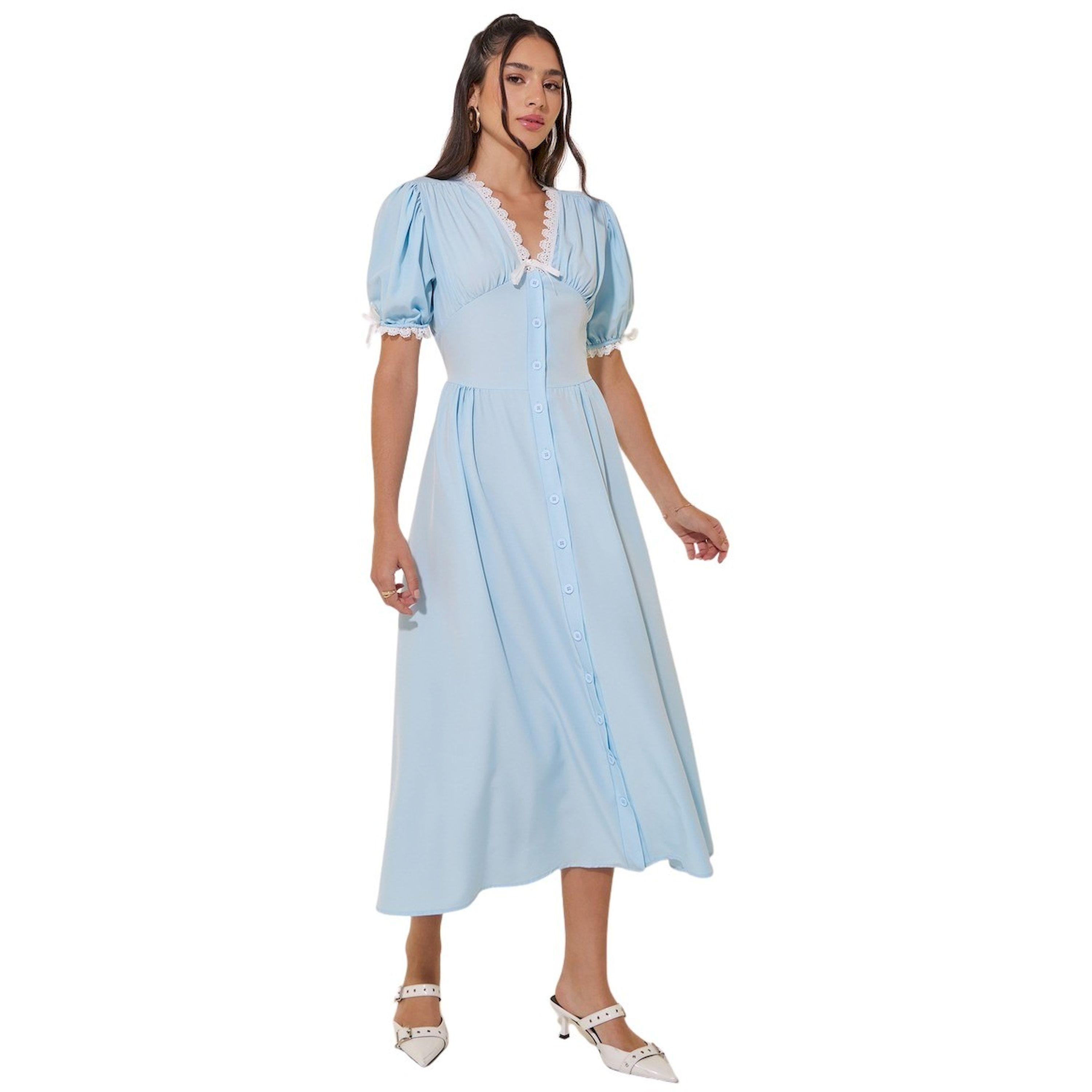Styli Solid V-Neck Lace Detail Button Up Midi Dress-women-clothing-dresses-image-2