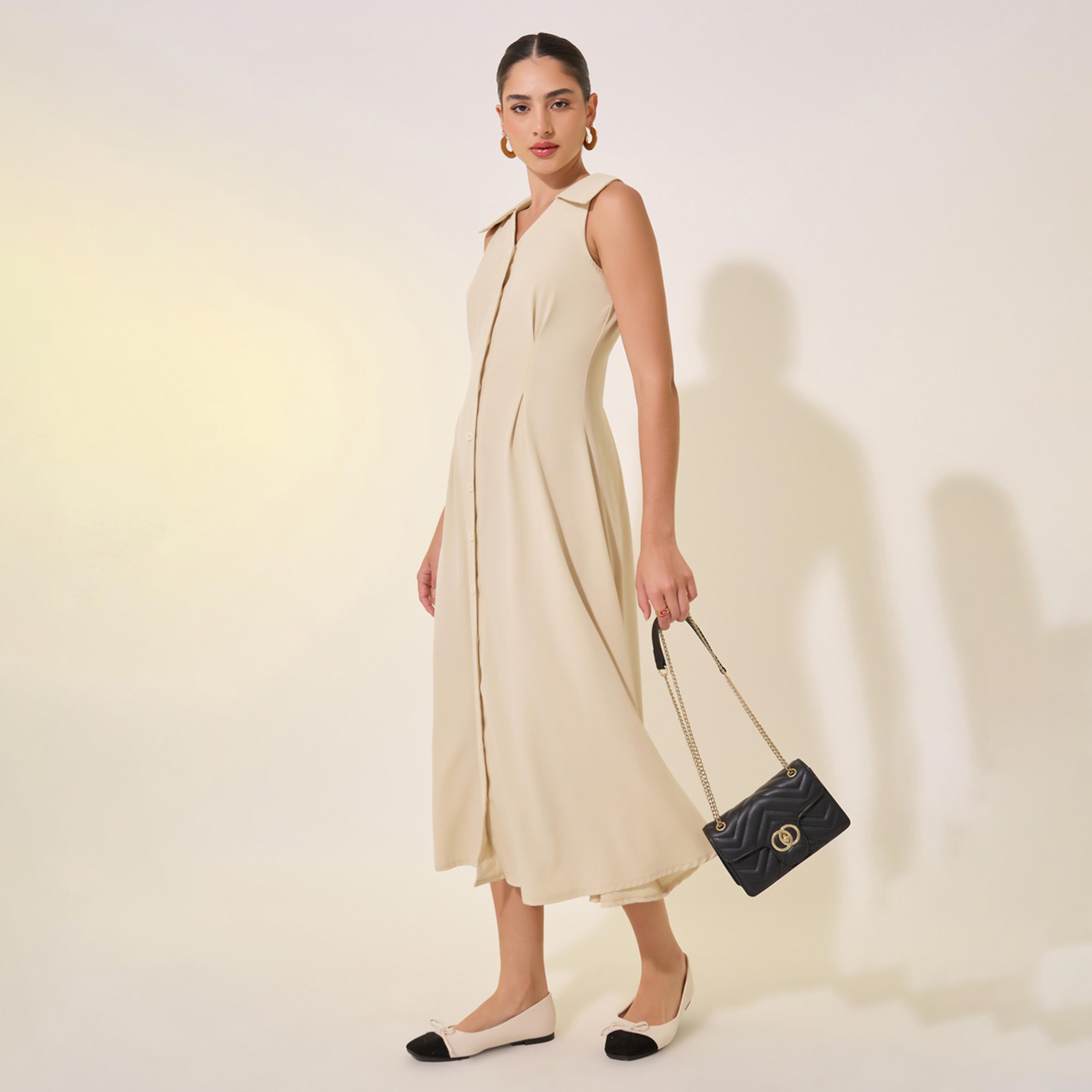 Styli Solid V-Neck Sleeveless Button Up Midi Shirt Dress-women-clothing-dresses-image-1