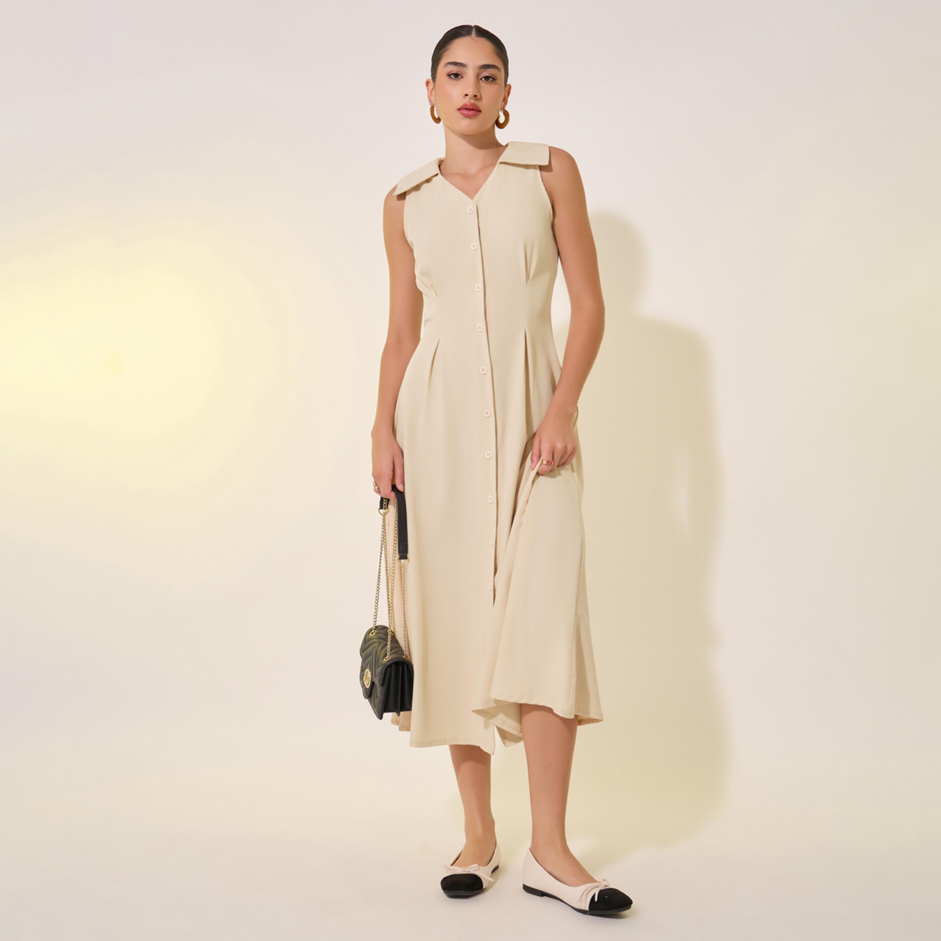 Styli Solid V-Neck Sleeveless Button Up Midi Shirt Dress-women-clothing-dresses-image-2