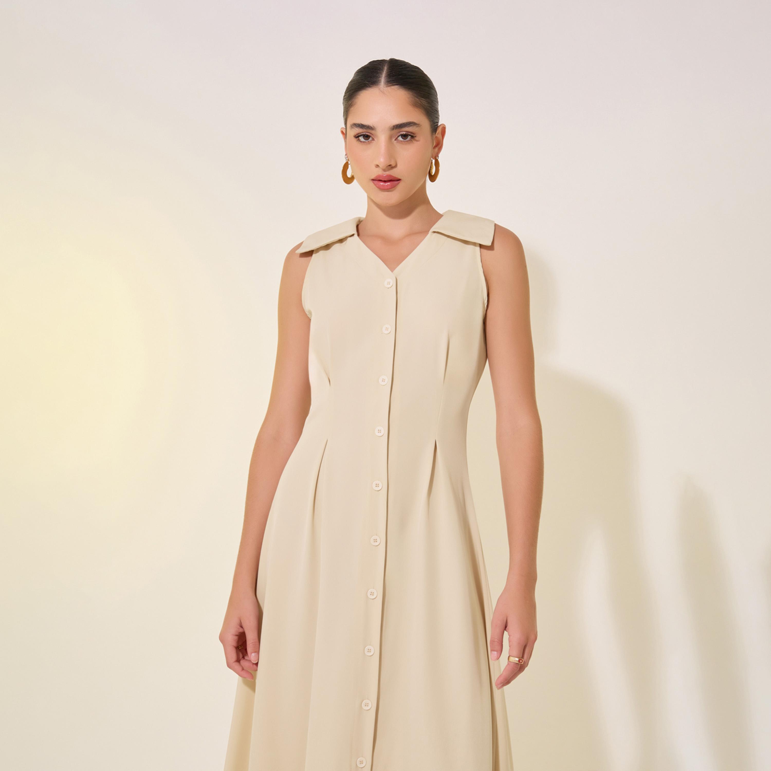 Styli Solid V-Neck Sleeveless Button Up Midi Shirt Dress-women-clothing-dresses-image-3