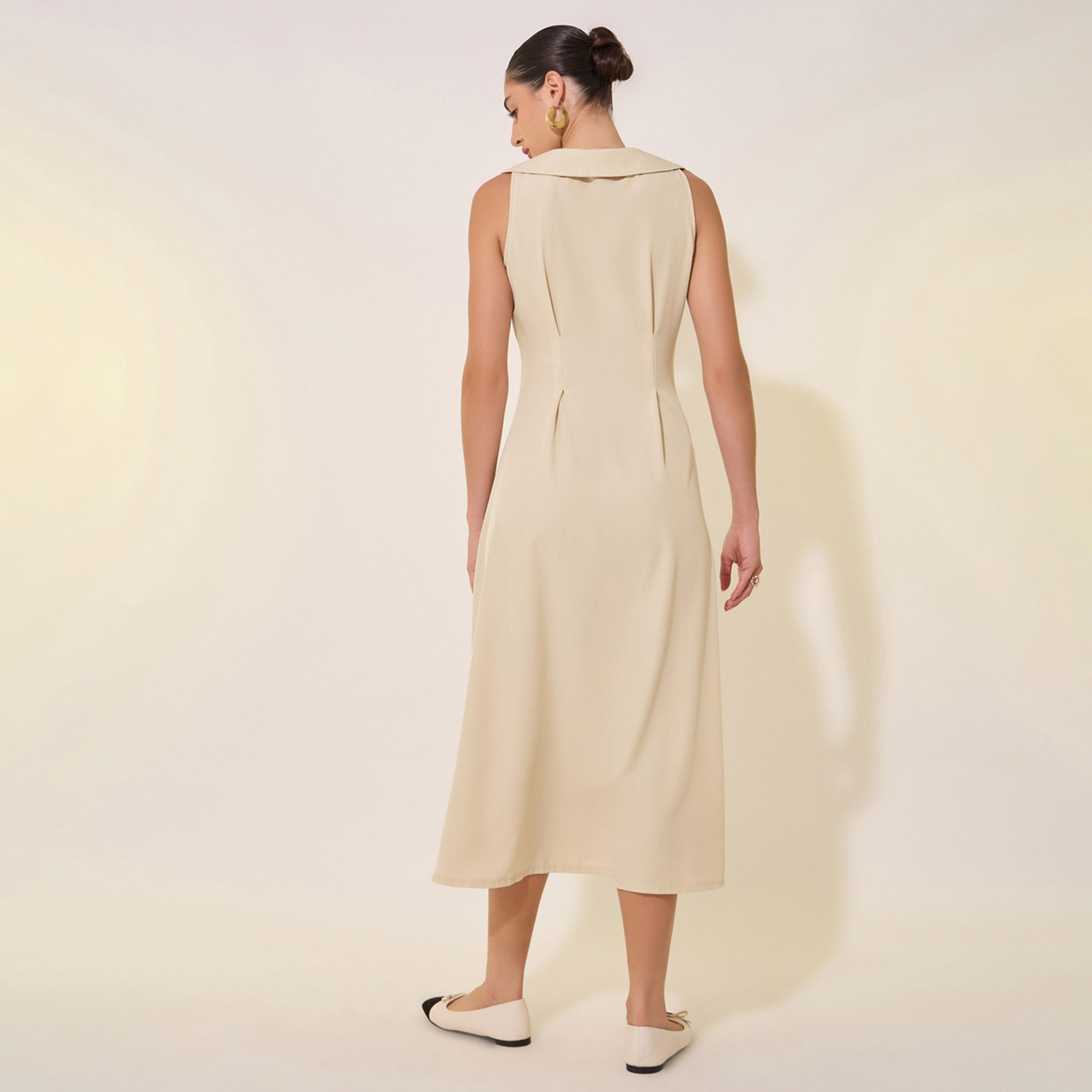 Styli Solid V-Neck Sleeveless Button Up Midi Shirt Dress-women-clothing-dresses-image-5