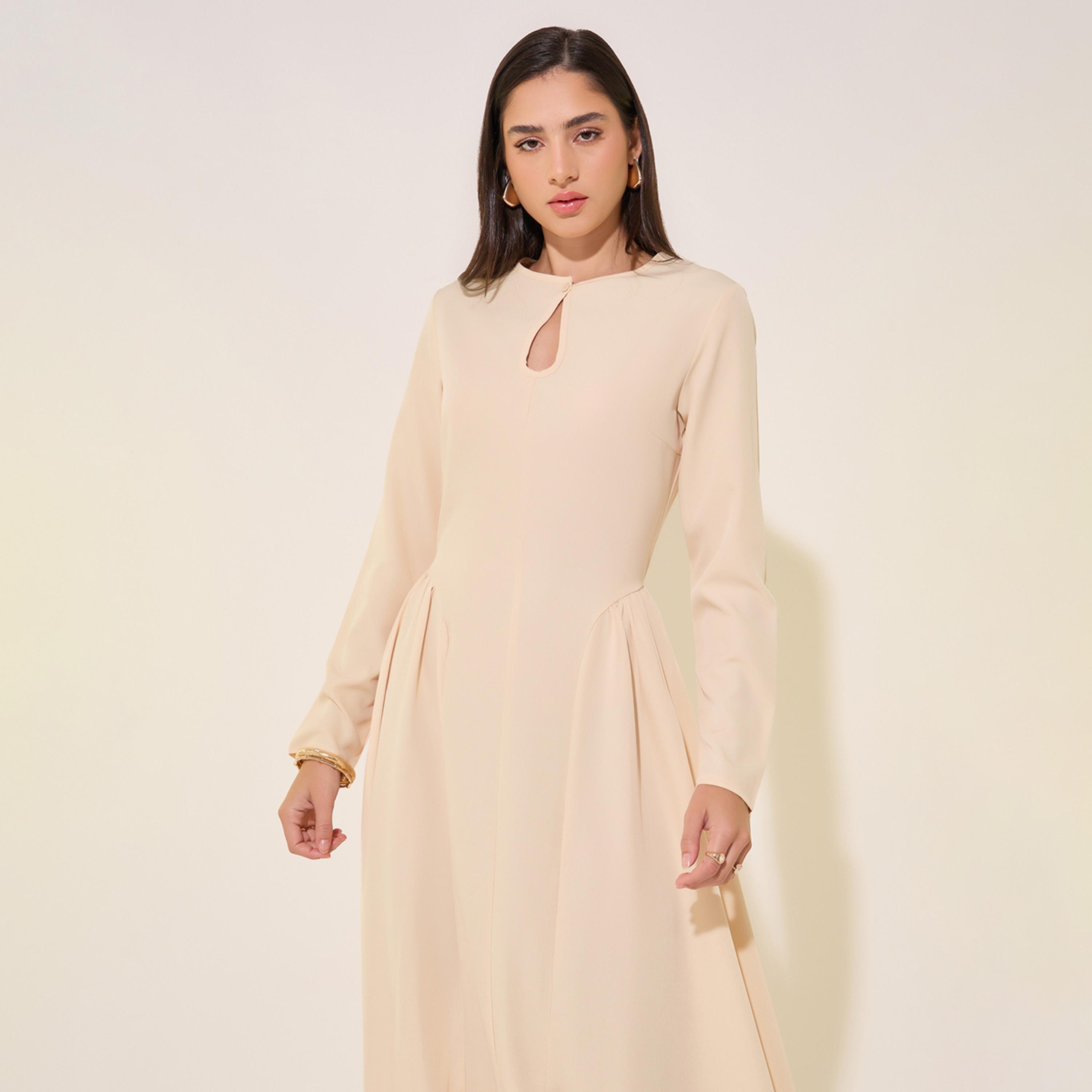 Take Two Solid Key-Hole Neck Pleated Maxi Dress with Side Slit-women-clothing-dresses-image-3
