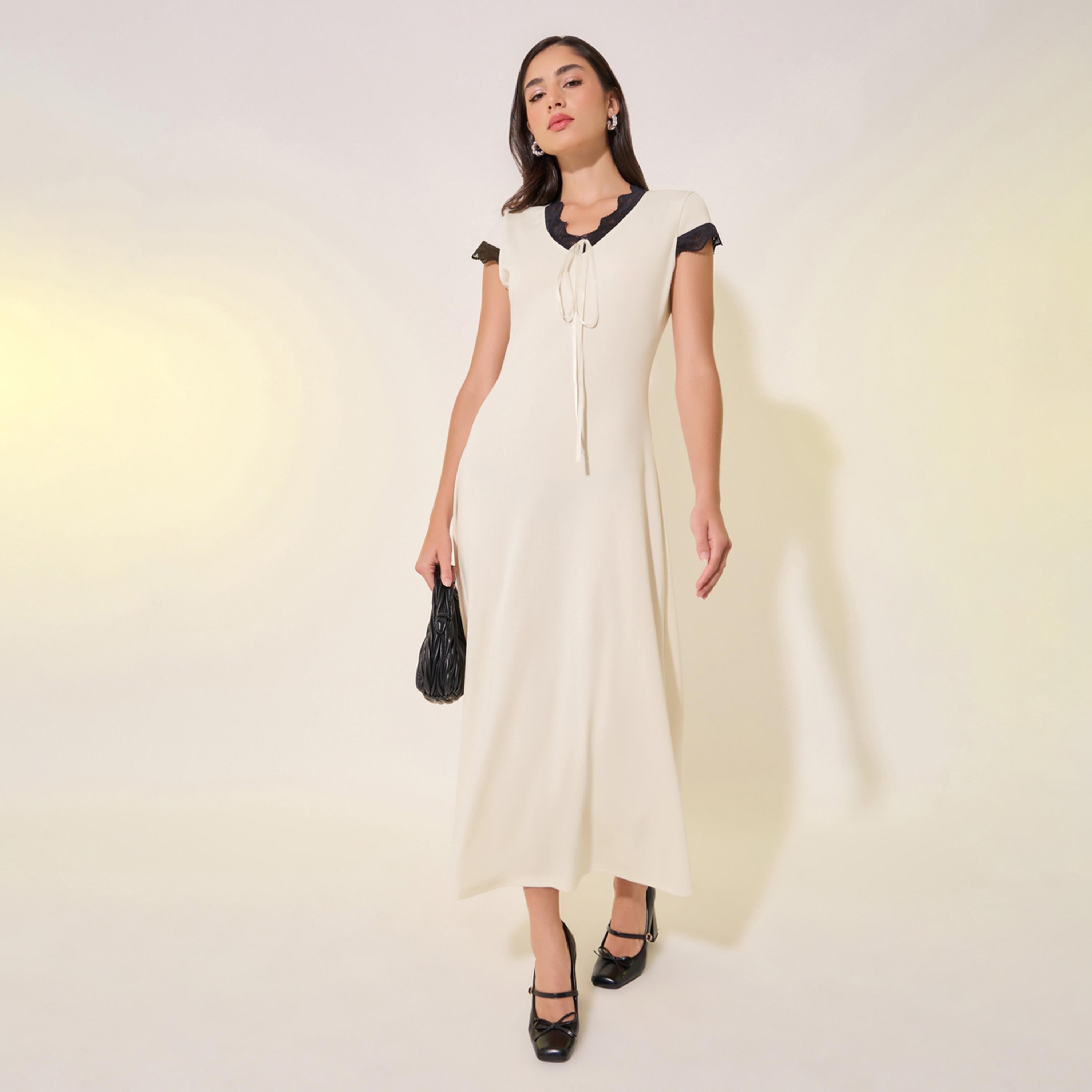 Take Two Solid V-Neck Lace Contrast Trim Midi Dress-women-clothing-dresses-image-1