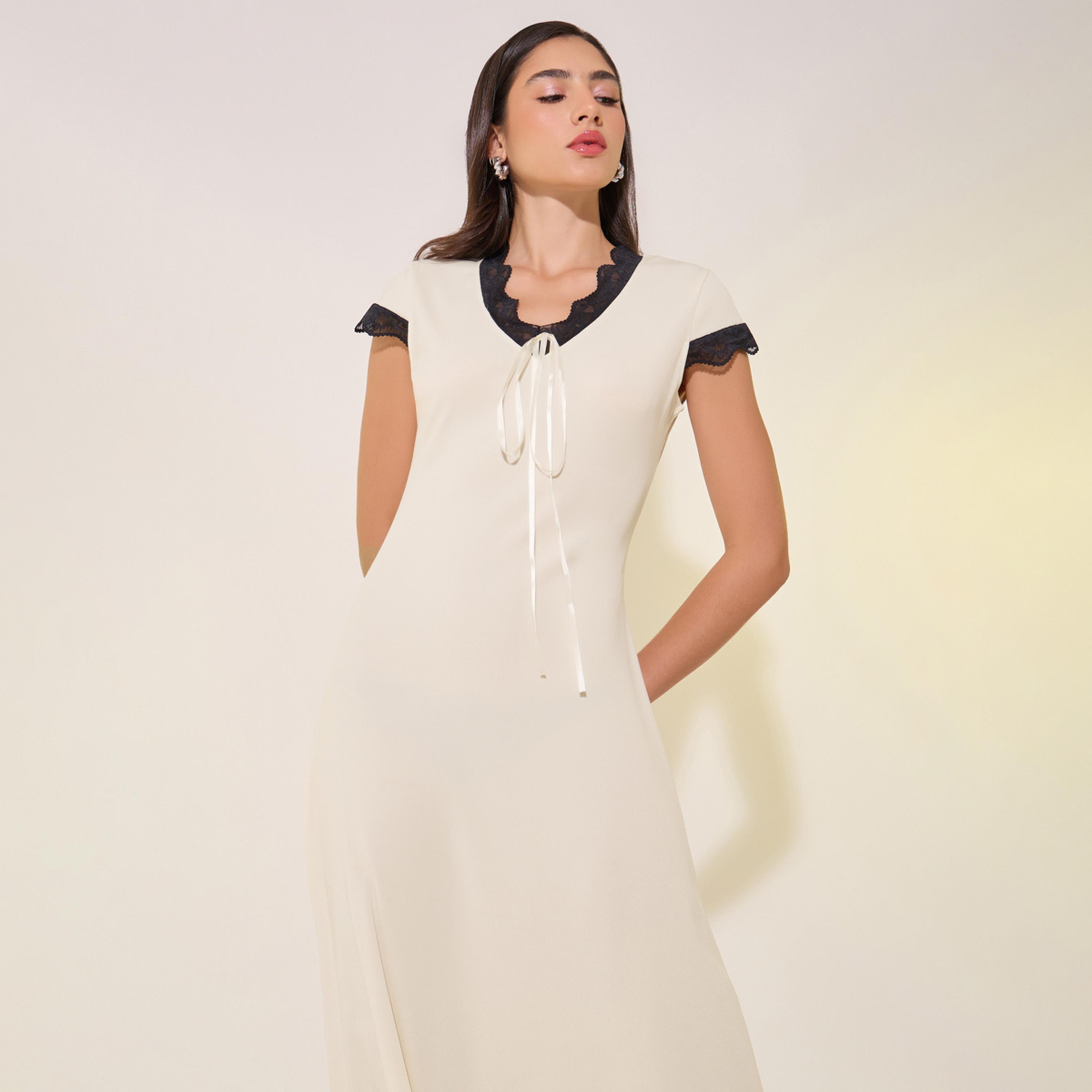 Take Two Solid V-Neck Lace Contrast Trim Midi Dress-women-clothing-dresses-image-3