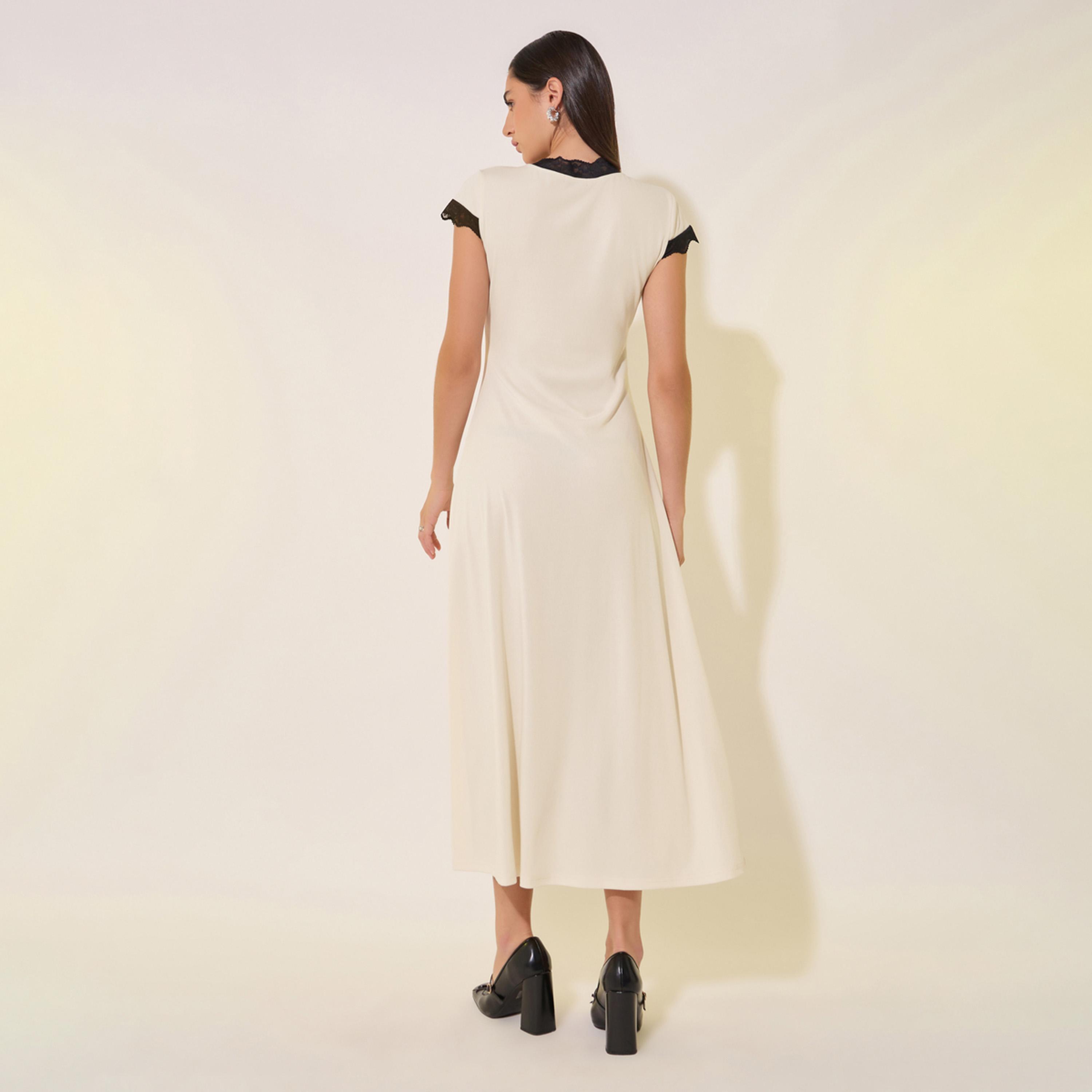 Take Two Solid V-Neck Lace Contrast Trim Midi Dress-women-clothing-dresses-image-5