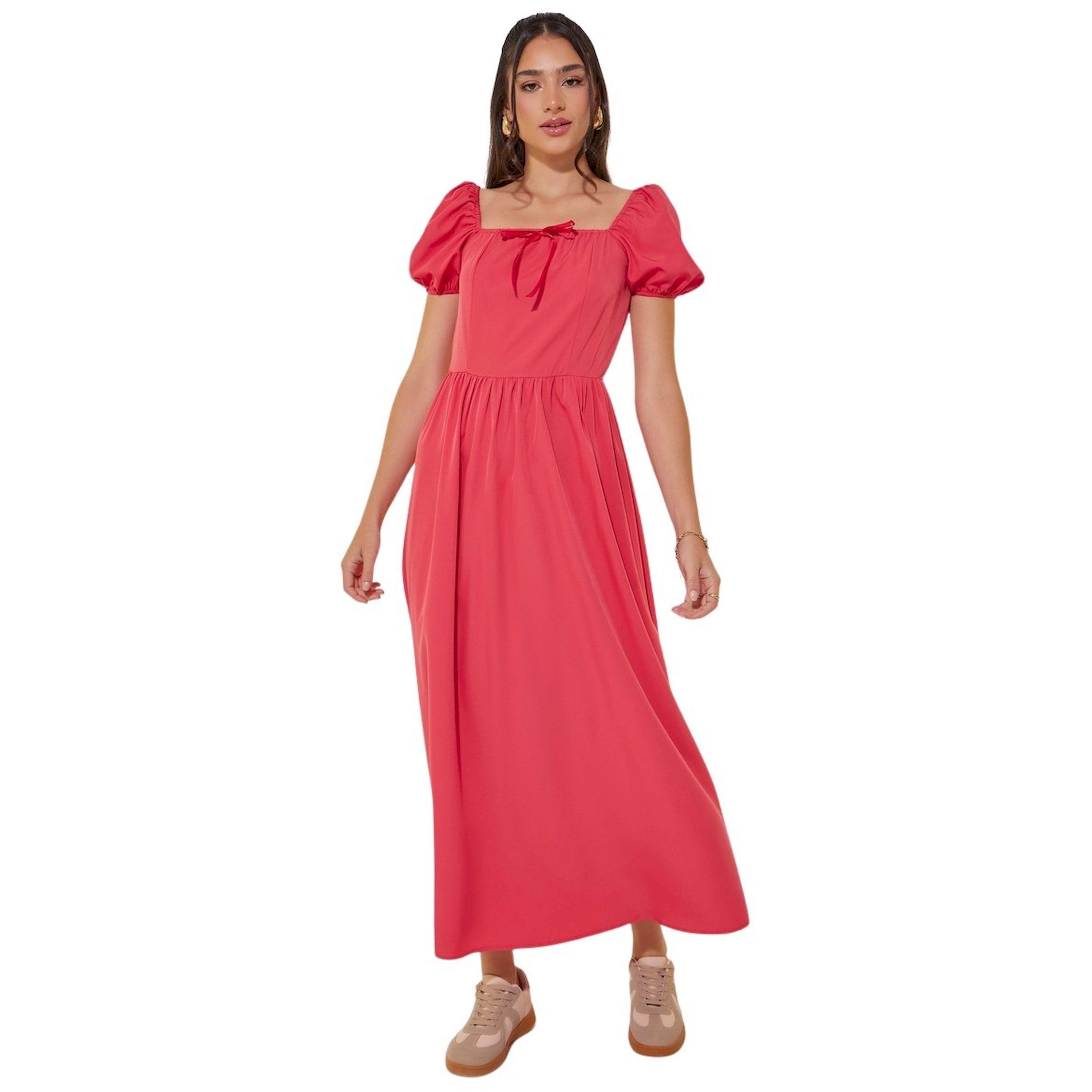 Take Two Solid Square Neck Bow Detail Puff Sleeve Maxi Dress-women-clothing-dresses-image-1