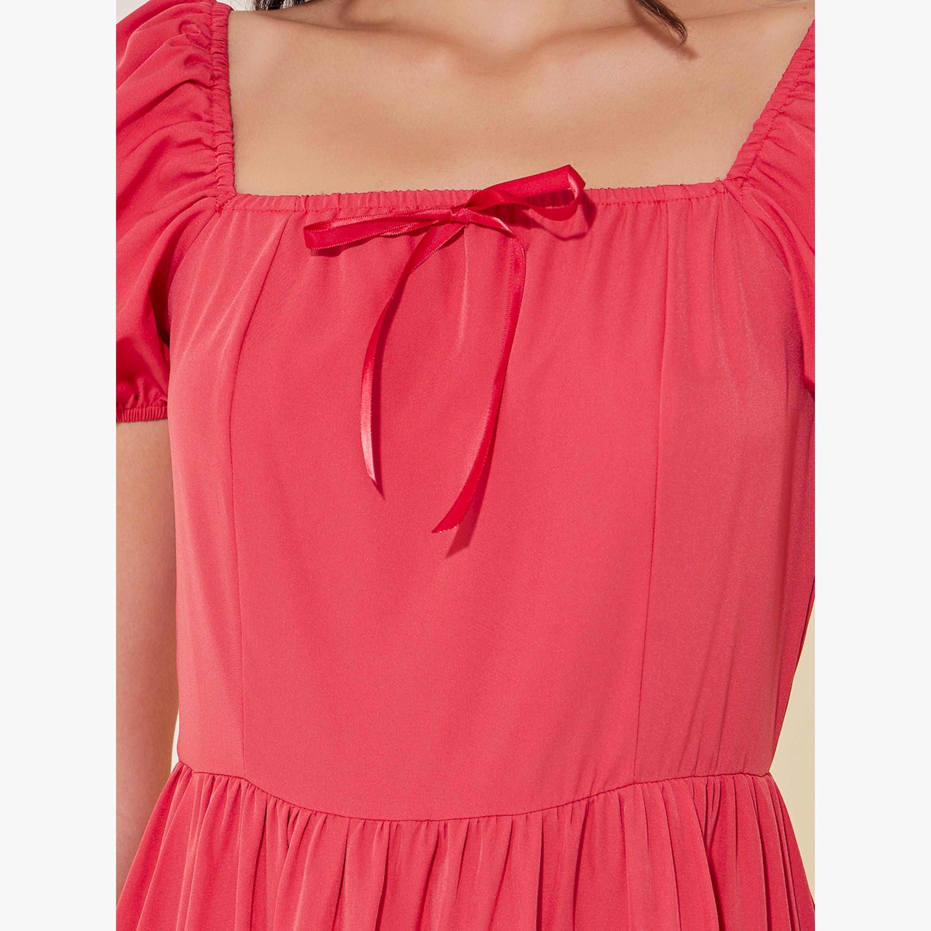 Take Two Solid Square Neck Bow Detail Puff Sleeve Maxi Dress-women-clothing-dresses-image-4