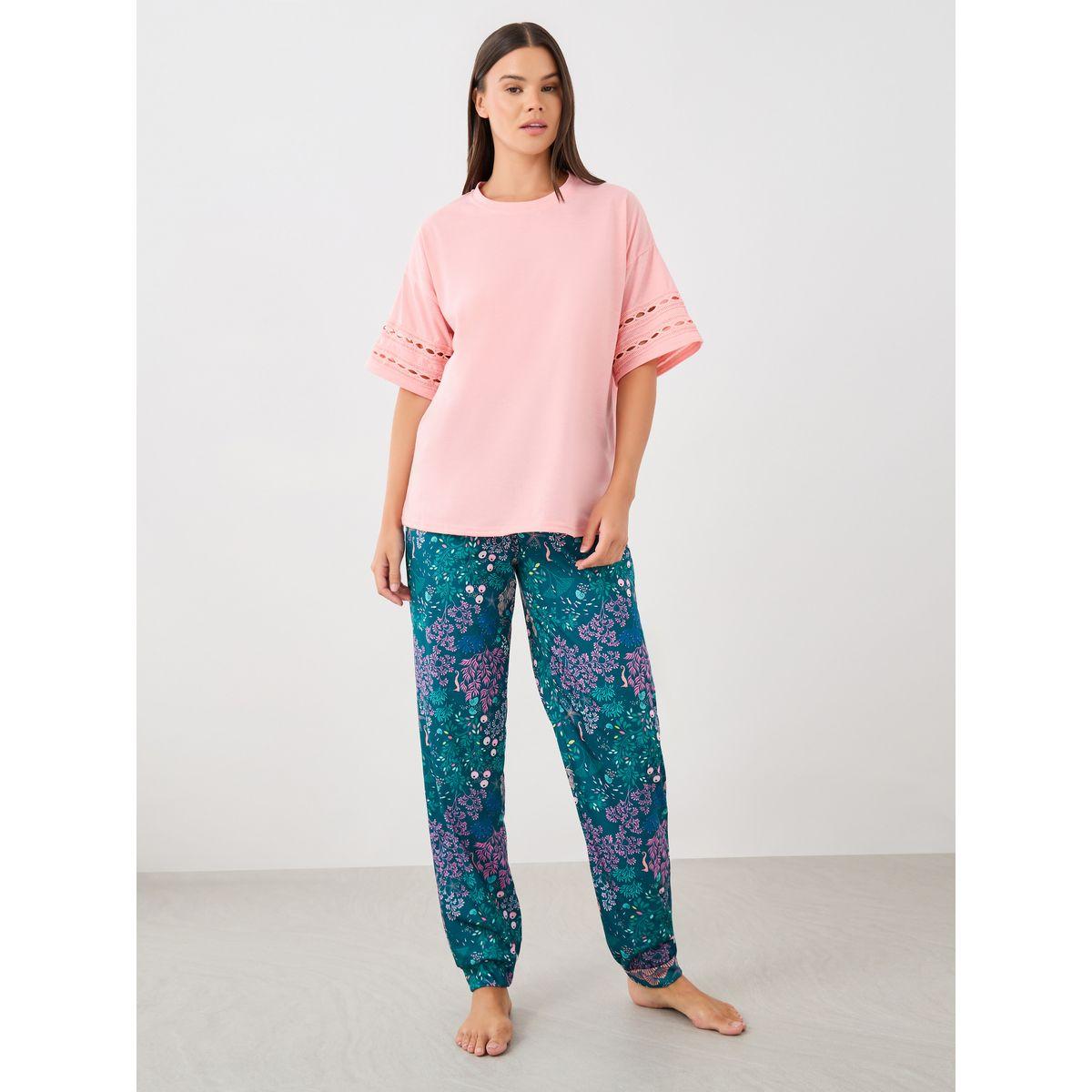 Styli Lace Insert Round Neck T-Shirt and Pyjama Set-women-clothing-nightwear-pyjamas-longsets-image-1