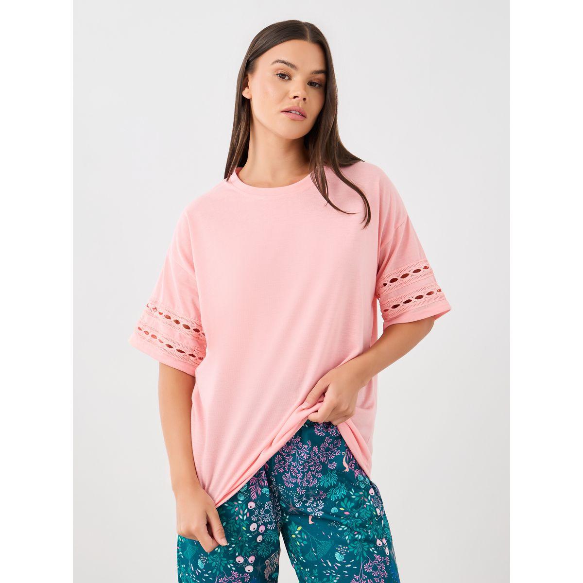 Styli Lace Insert Round Neck T-Shirt and Pyjama Set-women-clothing-nightwear-pyjamas-longsets-image-2
