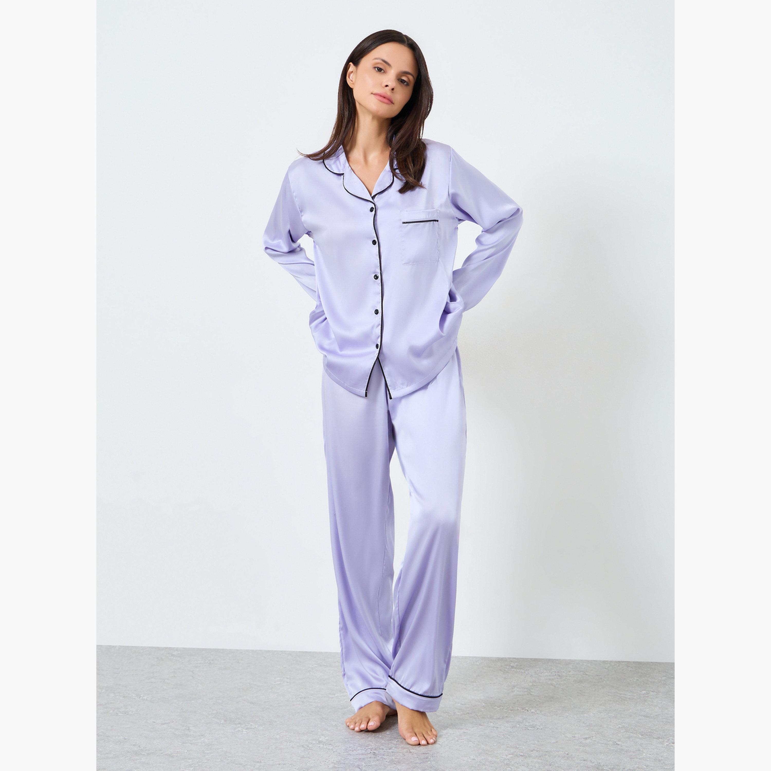 Styli Matte Satin Piped Detail Pocket Shirt and Pyjama Set-women-clothing-nightwear-pyjamas-longsets-image-1