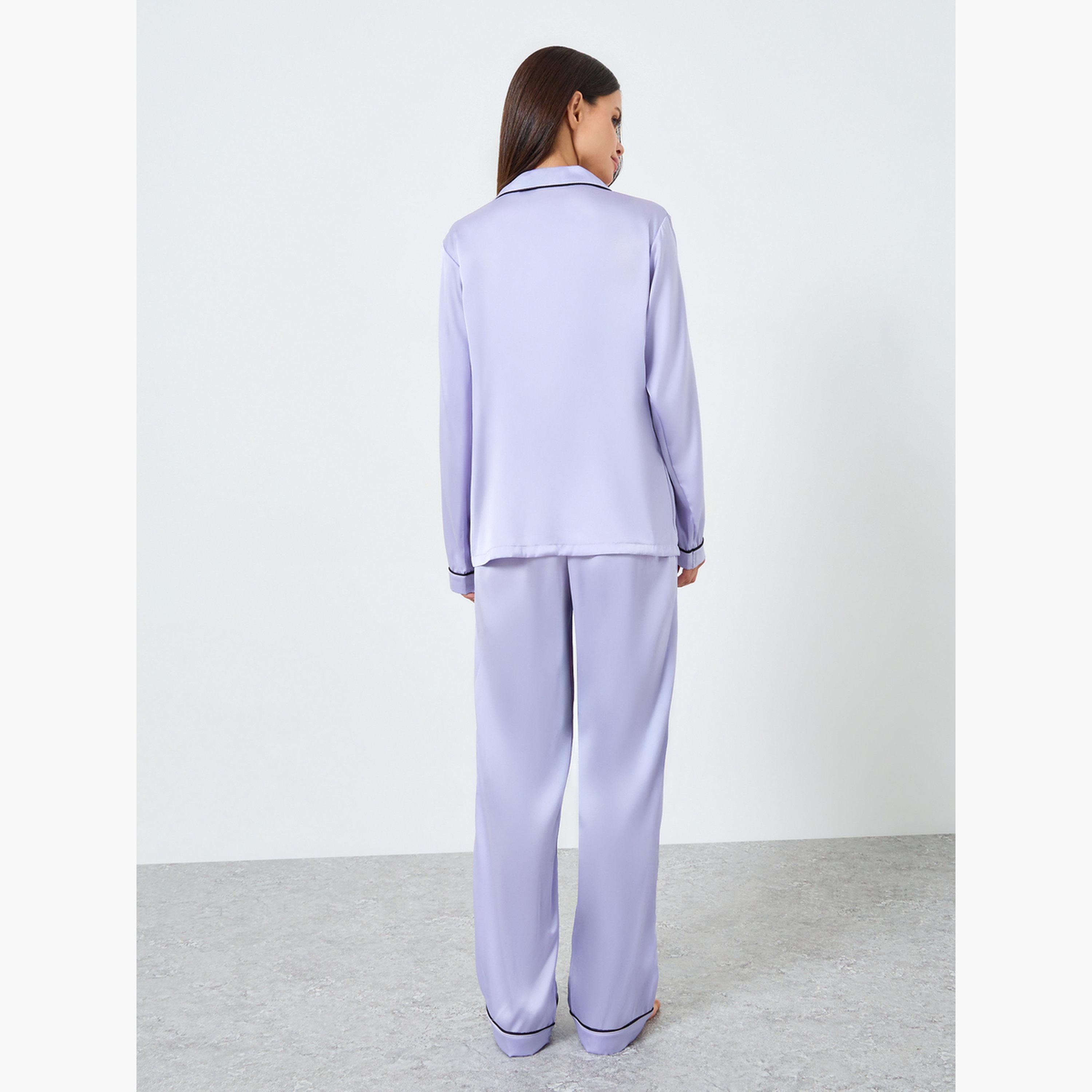 Styli Matte Satin Piped Detail Pocket Shirt and Pyjama Set-women-clothing-nightwear-pyjamas-longsets-image-3