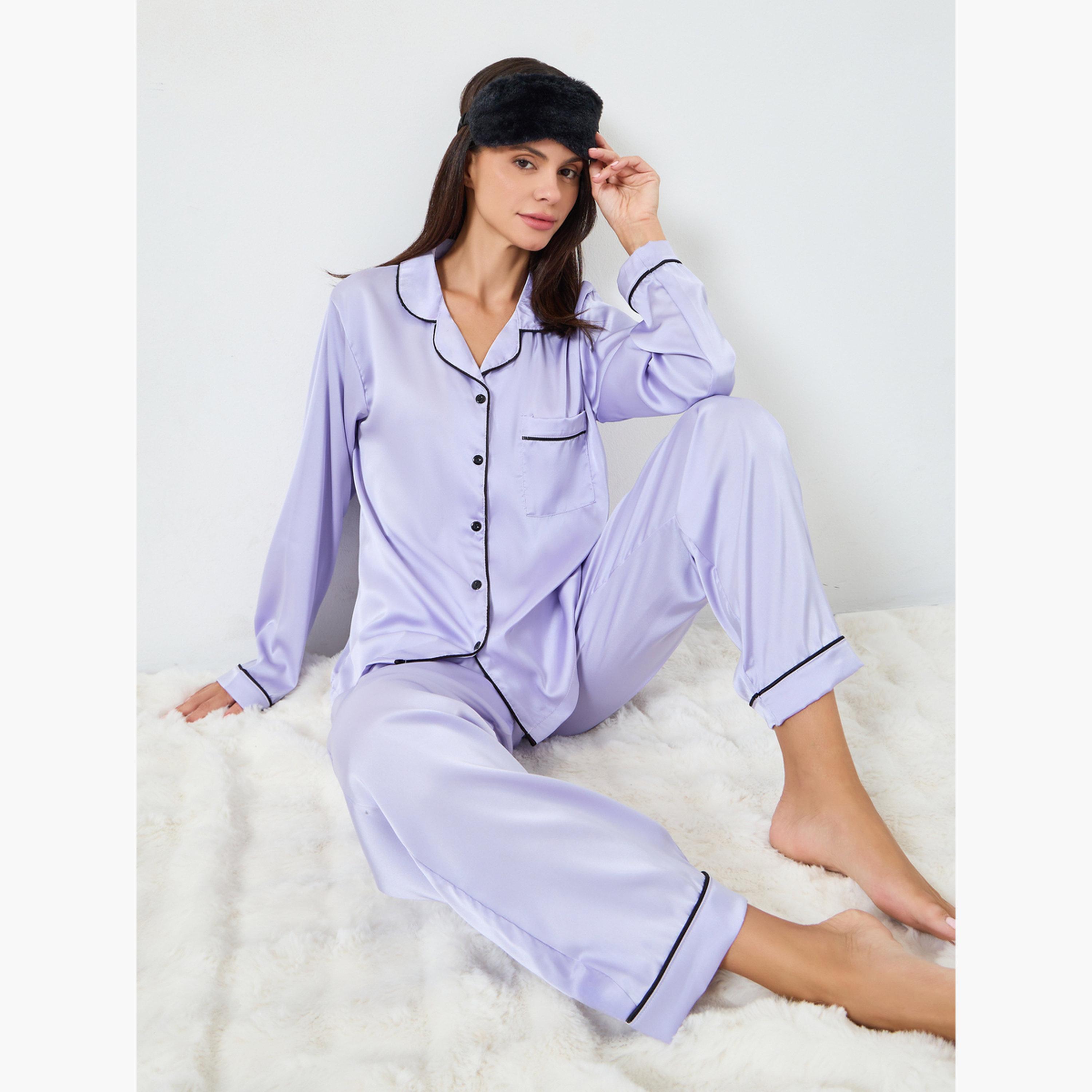 طقم بيجاما من بنطال وبلوزة بجيب وتفاصيل مُبطنة من الساتان المطفي-women-clothing-nightwear-pyjamas-longsets-image-6