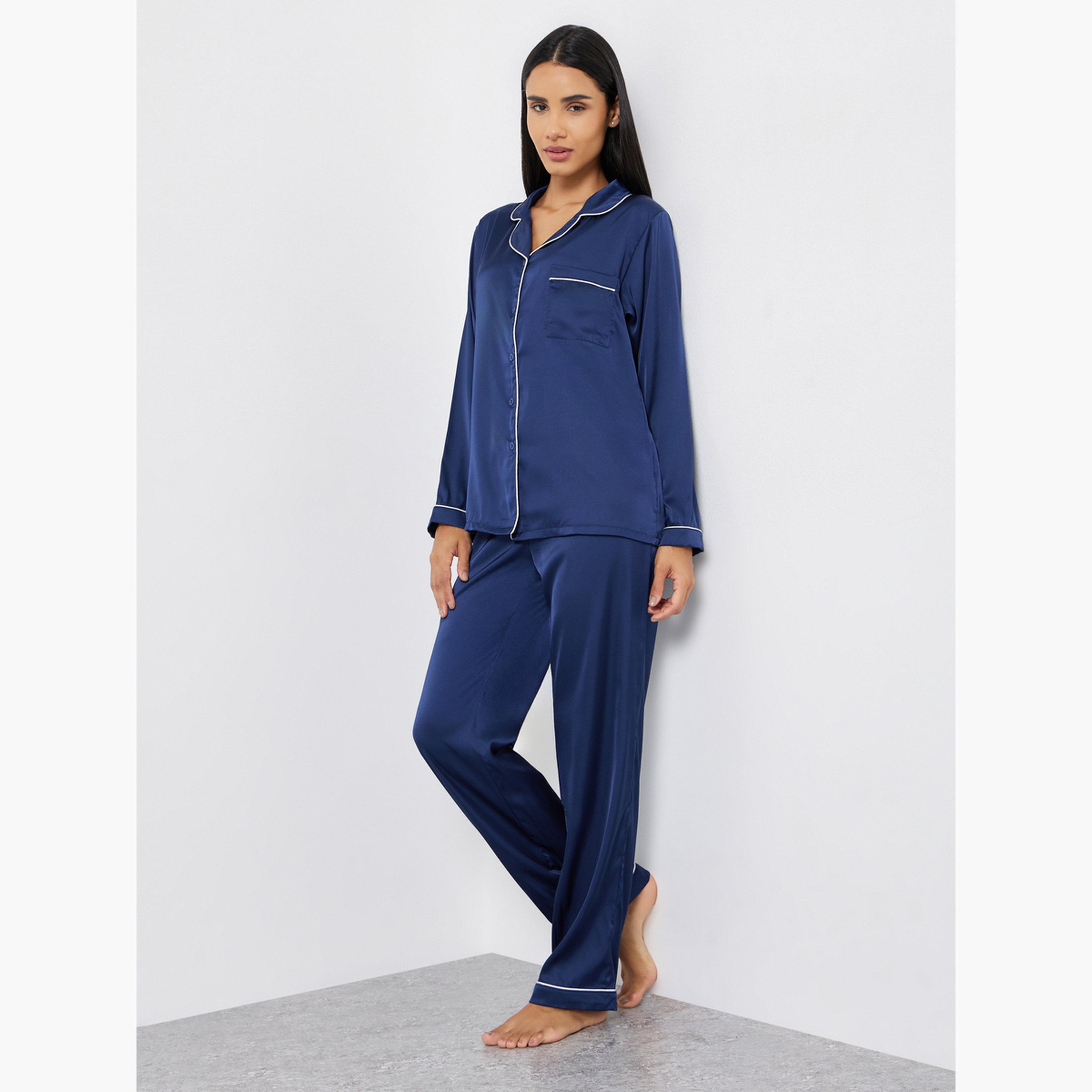 طقم بيجاما من قميص ساتان بجيوب وبنطال-women-clothing-nightwear-pyjamas-longsets-image-1