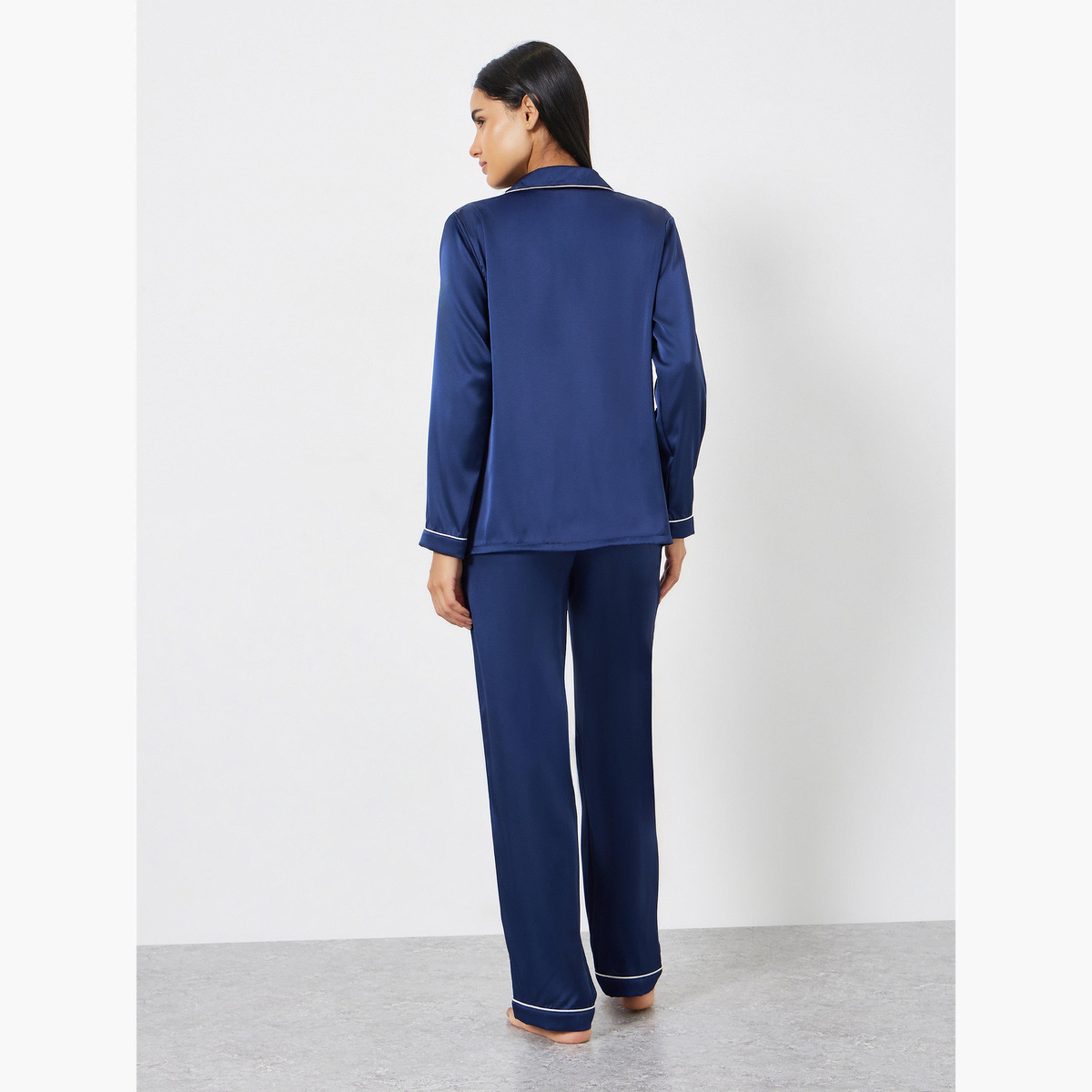 طقم بيجاما من قميص ساتان بجيوب وبنطال-women-clothing-nightwear-pyjamas-longsets-image-2