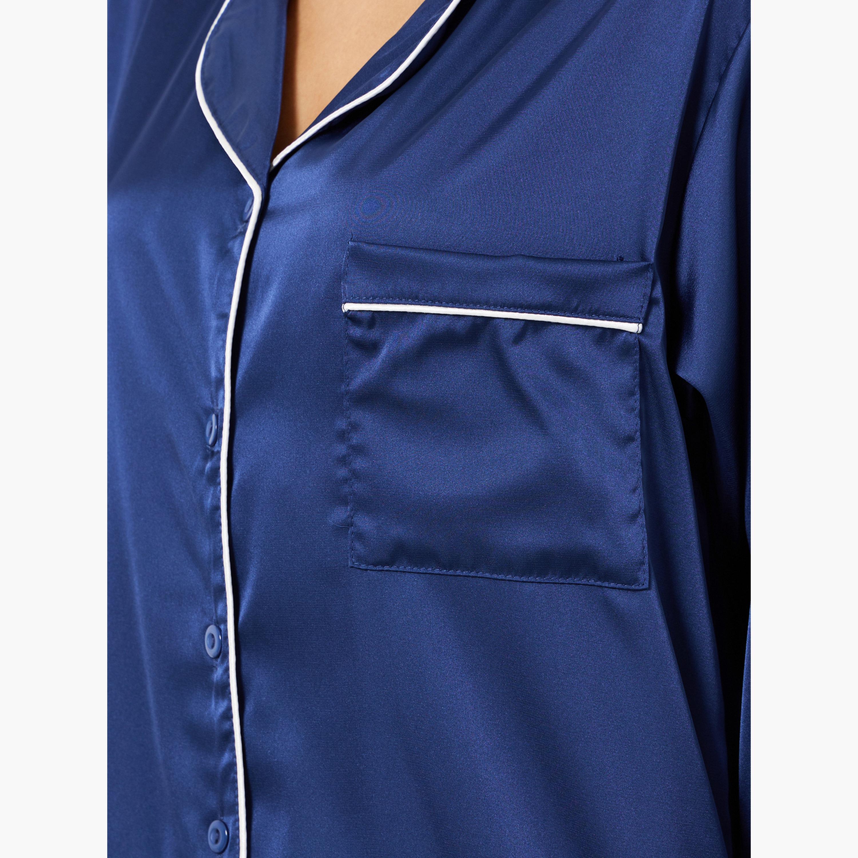 Styli Matte Satin Piped Detail Pocket Shirt and Pyjama Set-women-clothing-nightwear-pyjamas-longsets-image-5