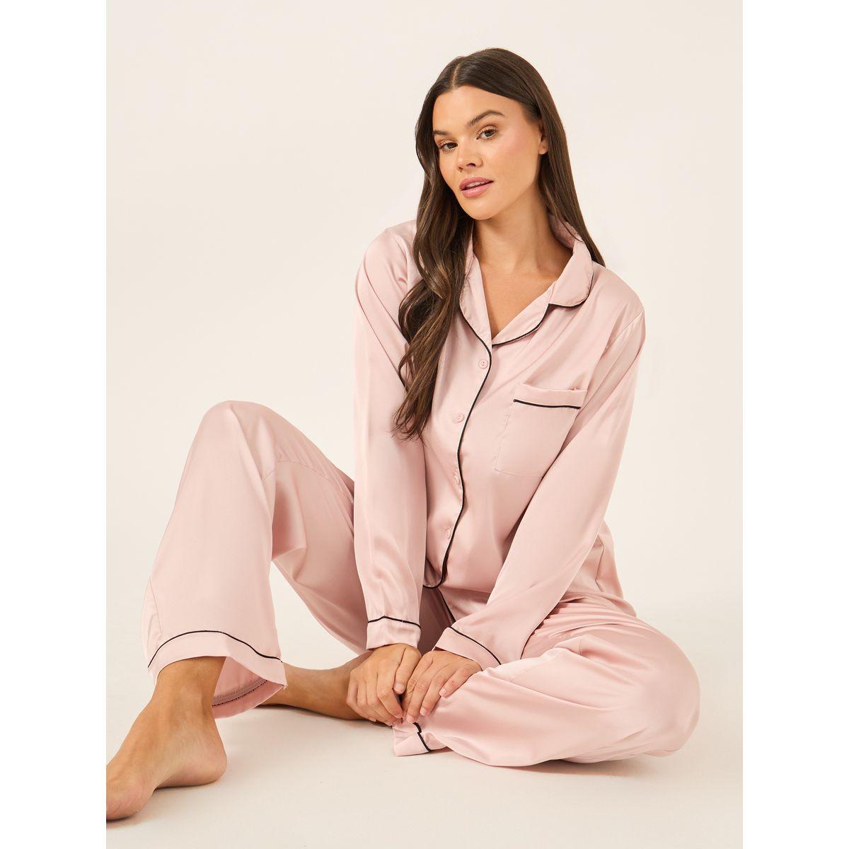 طقم بيجاما من بنطال وبلوزة ساتان بأكمام طويلة-women-clothing-nightwear-pyjamas-longsets-image-1