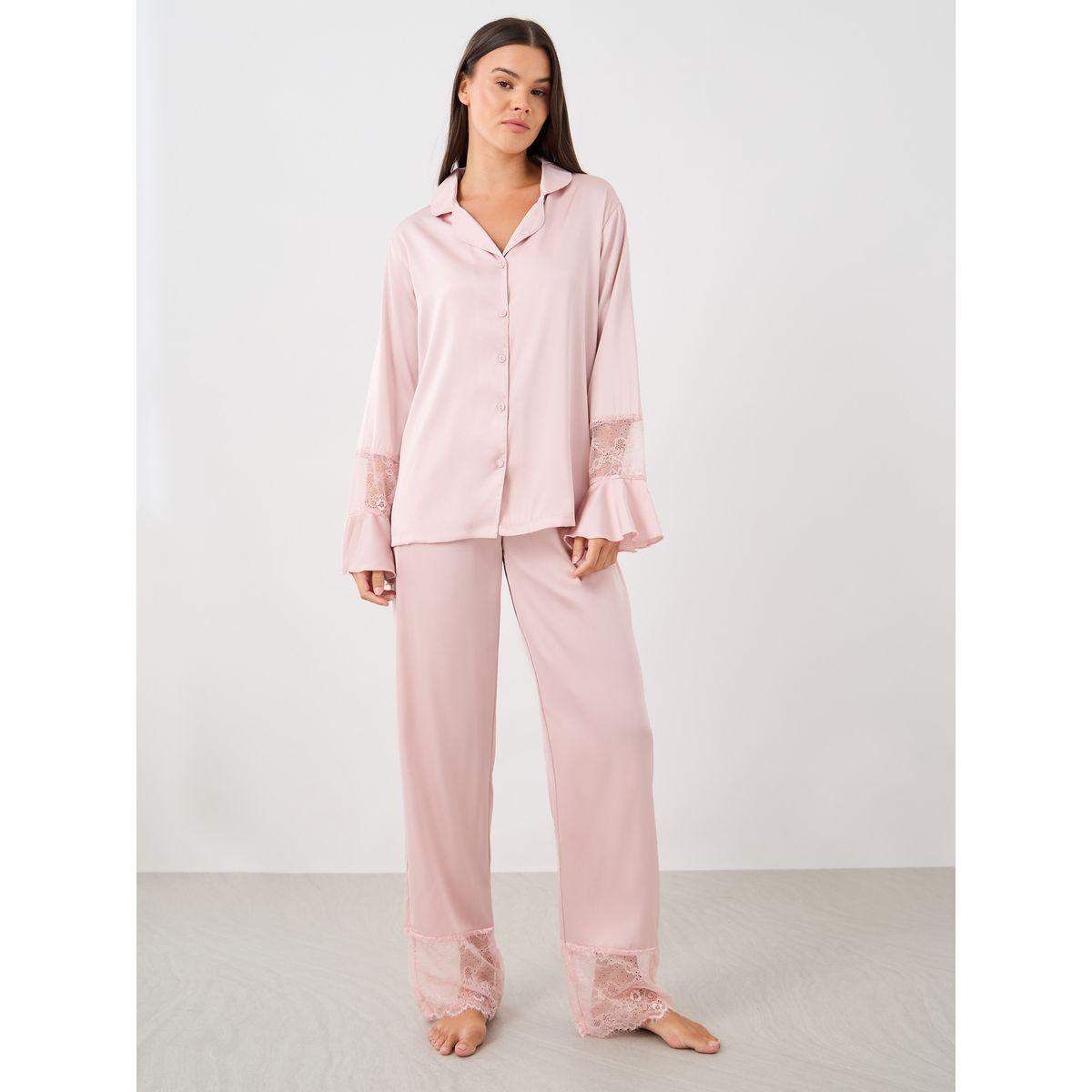 طقم بيجاما من بنطال وبلوزة ساتان بتفاصيل دانتيل-women-clothing-nightwear-pyjamas-longsets-image-1
