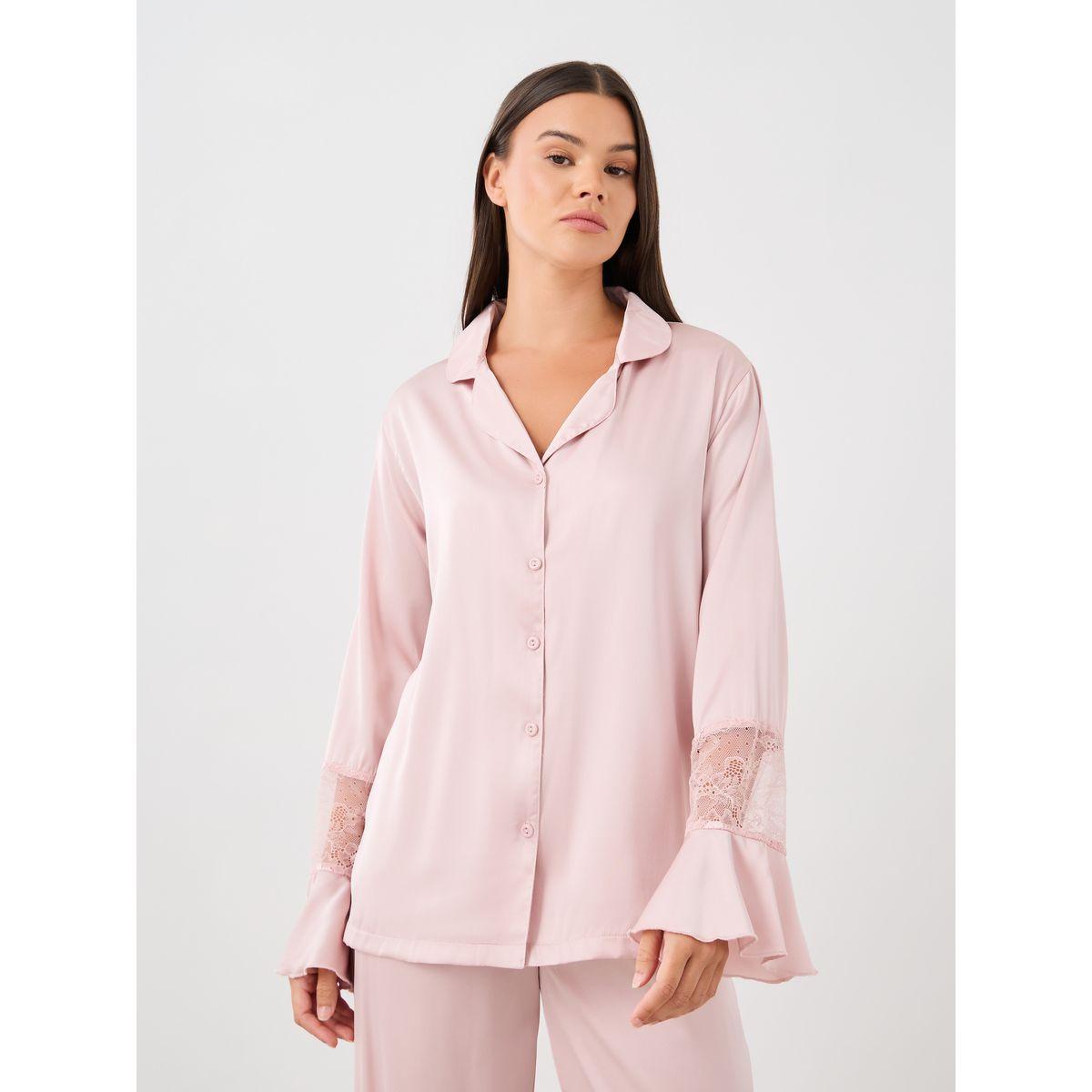 طقم بيجاما من بنطال وبلوزة ساتان بتفاصيل دانتيل-women-clothing-nightwear-pyjamas-longsets-image-2