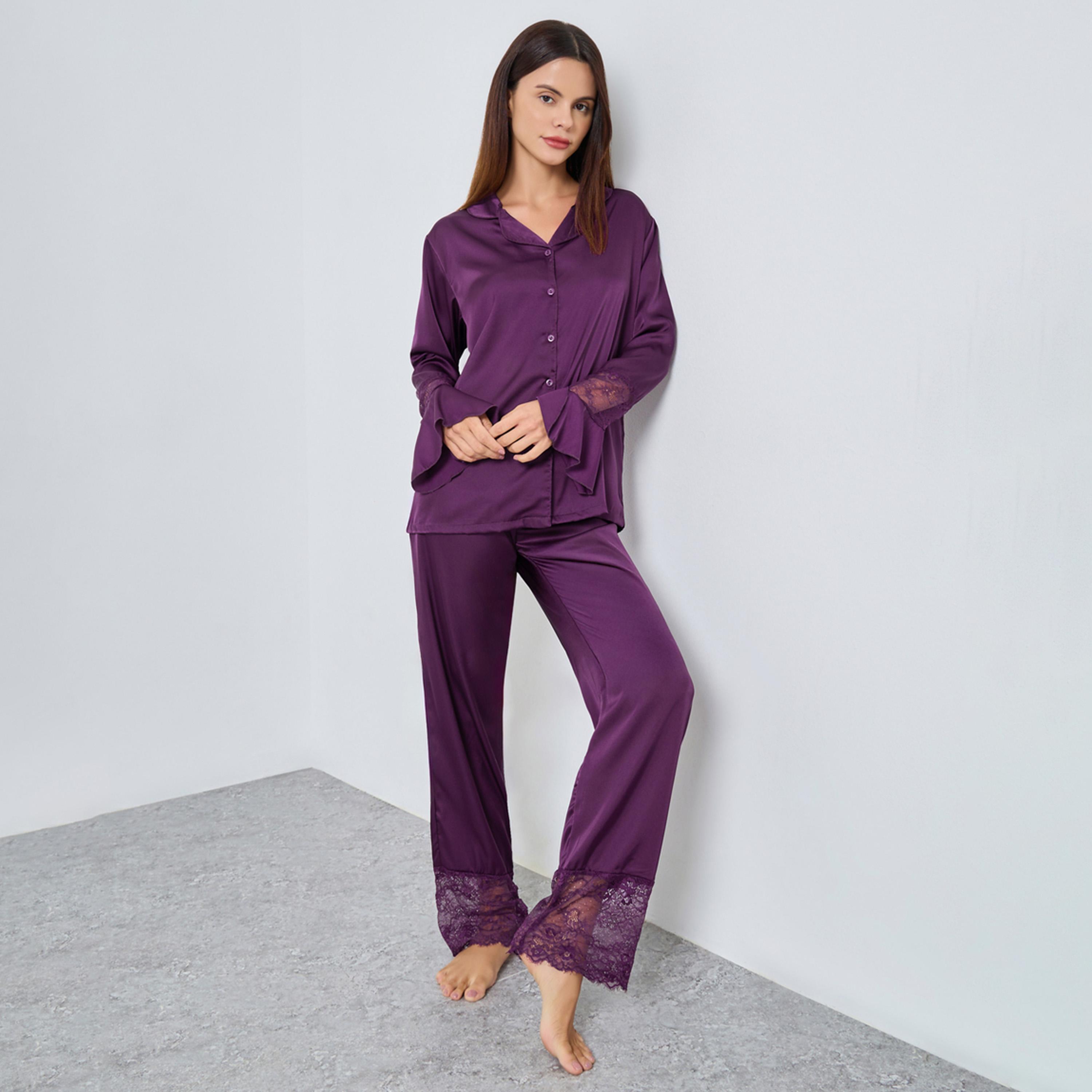 ستايلي - بيجاما قميص  بتفاصيل دانتيل من الساتان غير اللامع-women-clothing-nightwear-pyjamas-longsets-image-1
